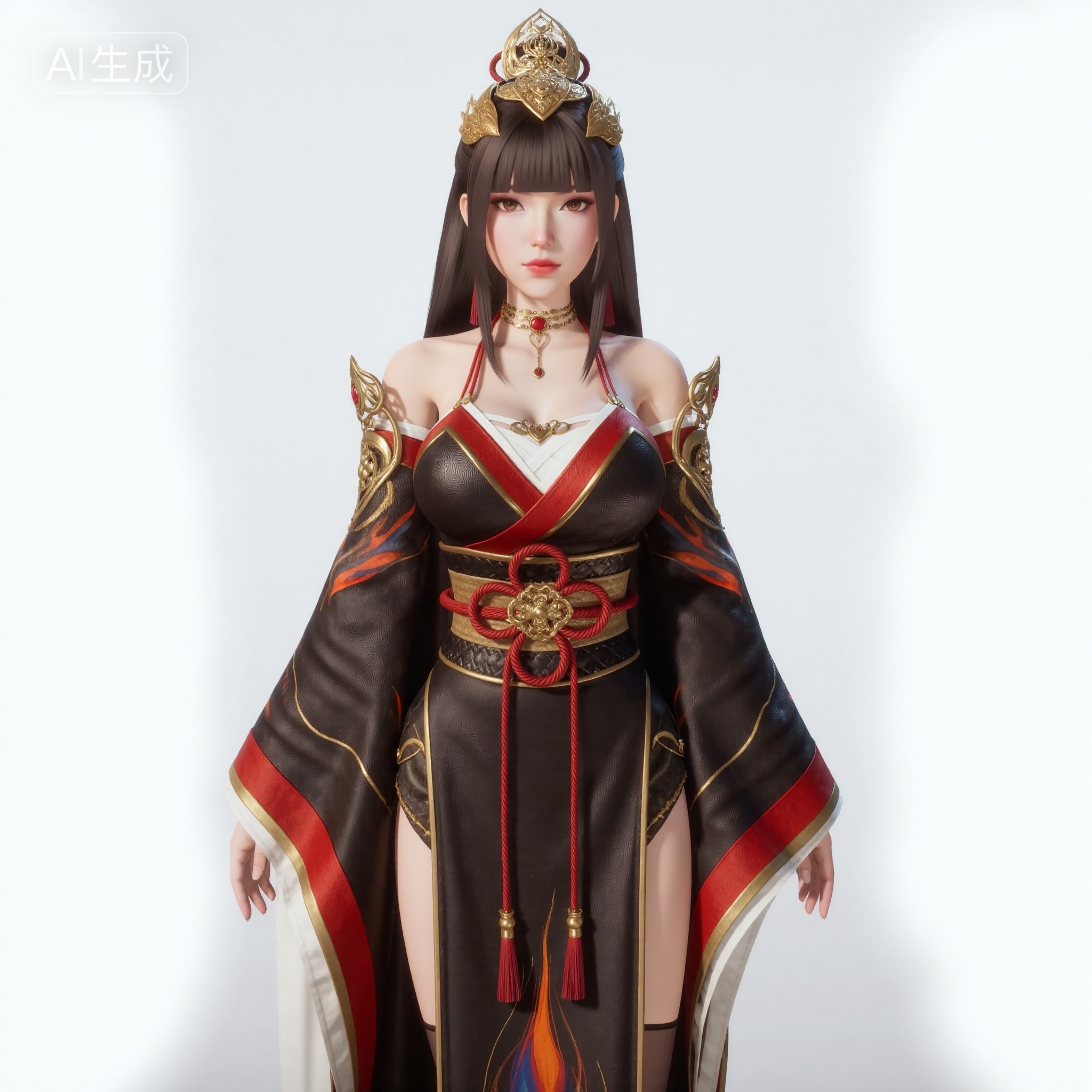 mimi,You Yi Han,cowboy shot (mid-thigh up),mimi,looking at viewer,front view,, long straight dark brown hair with bangs styled with an ornate golden crown and a red rope tied at the back,warm amber eyes,golden choker with red gemstone,matching dangling earrings with crimson tassels,off-shoulder fantasy robe in black and deep red with gold trim,layered white undergarment,thick crimson rope belt tied in a decorative knot at the waist,ornate golden shoulder guards with dragon-scale patterns and embedded red gems,wide flowing sleeves with red and gold accents,high-slit asymmetrical hemline revealing legs,sheer black thigh-high stockings,black fabric with subtle wave patterns accented with swirling flame-like designs in orange and blue,, plain white background,studio lighting,sharp focus,, Negative prompt: ng_deepnegative_v1_75t,(badhandv4:1.2),EasyNegative,(worst quality:2),,nsfw, Steps: 30, Sampler: Euler, CFG scale: 3.5, Seed: 3692281556, Size: 1024x1024, Model hash: 0734f0ab2a, Model: F.1 模型下载版-黑暗森林工作室_fp16.sft, Denoising strength: 0.4, RNG: CPU, Lora 1: 20251022-1761149905385-0008, Lora Hash 1: 278bdf9851, Lora Weight 1: 0.75, Lora 2: 金宝-F.1-妆容.美颜.磨皮。三合一, Lora Hash 2: 9fa9e2a424, Lora Weight 2: 0.2, vae_name: automatic, Hires resize: 2048x2048, Hires steps: 30, Hires upscaler: 4x-UltraSharp