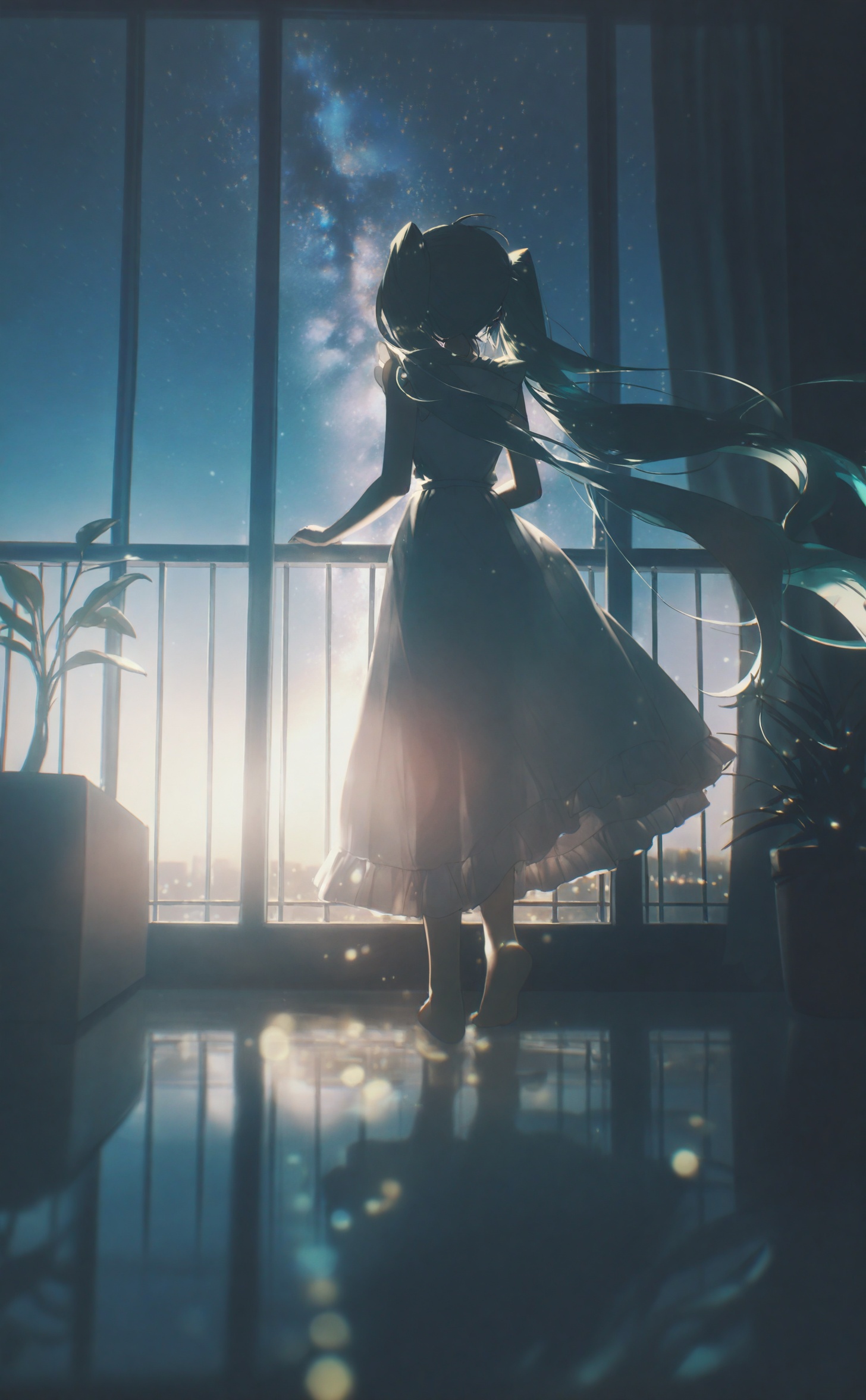 best,1girl,window,hatsune miku,solo,long hair,twintails,sky,star (sky),indoors,night,dress,starry sky,curtains,standing,very long hair,backlighting,from behind,night sky,barefoot,reflection,facing away,plant,lens flare,scenery,blue theme,potted plant,bokeh,floating hair,aqua hair,looking outside,white dress,see-through silhouette,wide shot,city lights,reflective floor,sleeveless,silhouette,blurry,wind,light particles,balcony,dark,depth of field,sleeveless dress,full body,long dress,frilled dress,frills,cityscape,<lora:Mix konya+3-000043:1>,