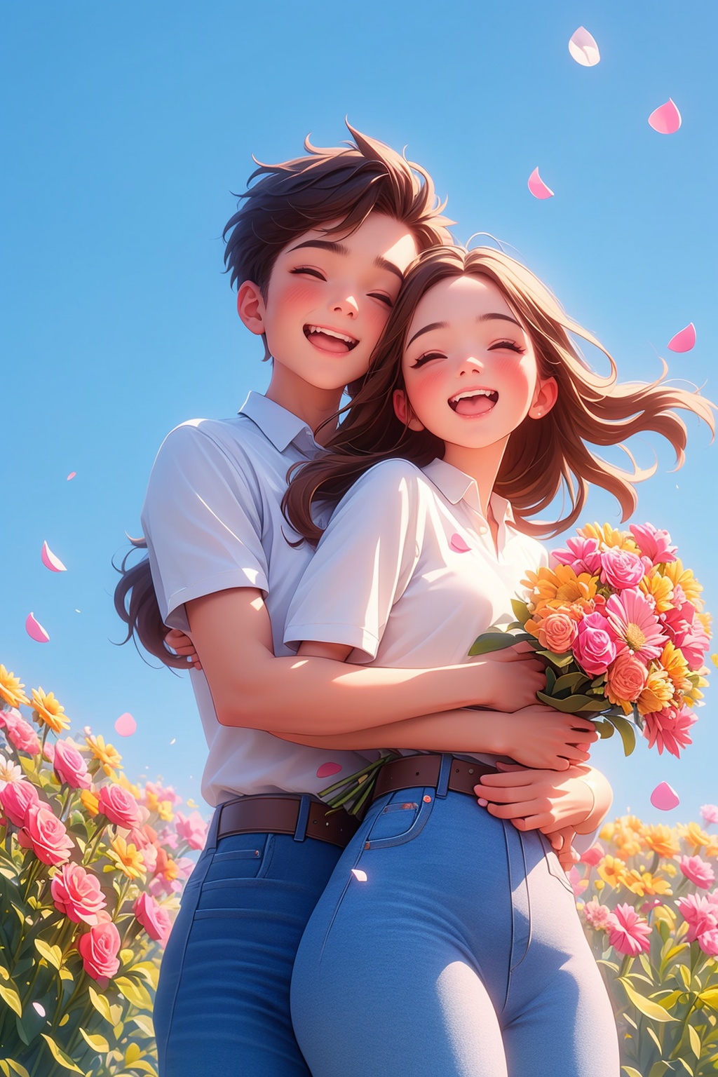 1girl,long hair,blush,smile,open mouth,skirt,brown hair,shirt,1boy,holding,jewelry,closed eyes,white shirt,flower,short sleeves,hetero,outdoors,sky,teeth,day,collared shirt,belt,pants,blue sky,petals,hug,happy,couple,denim,facing viewer,pink flower,watch,jeans,hug from behind,bouquet,blue pants,holding flower,wristwatch,brown belt,holding bouquet,