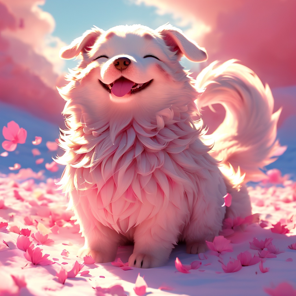 xugou,dog,fluffy,sunlight,light particles,^ ^,whiskers,cute,cc-color-correction,mf-movie-filter,warm colors,whimsy and dramatic lighting,white fur,soft lighting,dog focus,no humans,petals,closed eyes,solo,day,outdoors,open mouth,fangs,sky,smile,happy,fang,blue sky,full body,cloud,blush,blurry,tongue,simple background,sitting,<lora:xugou_v1:0.8>,