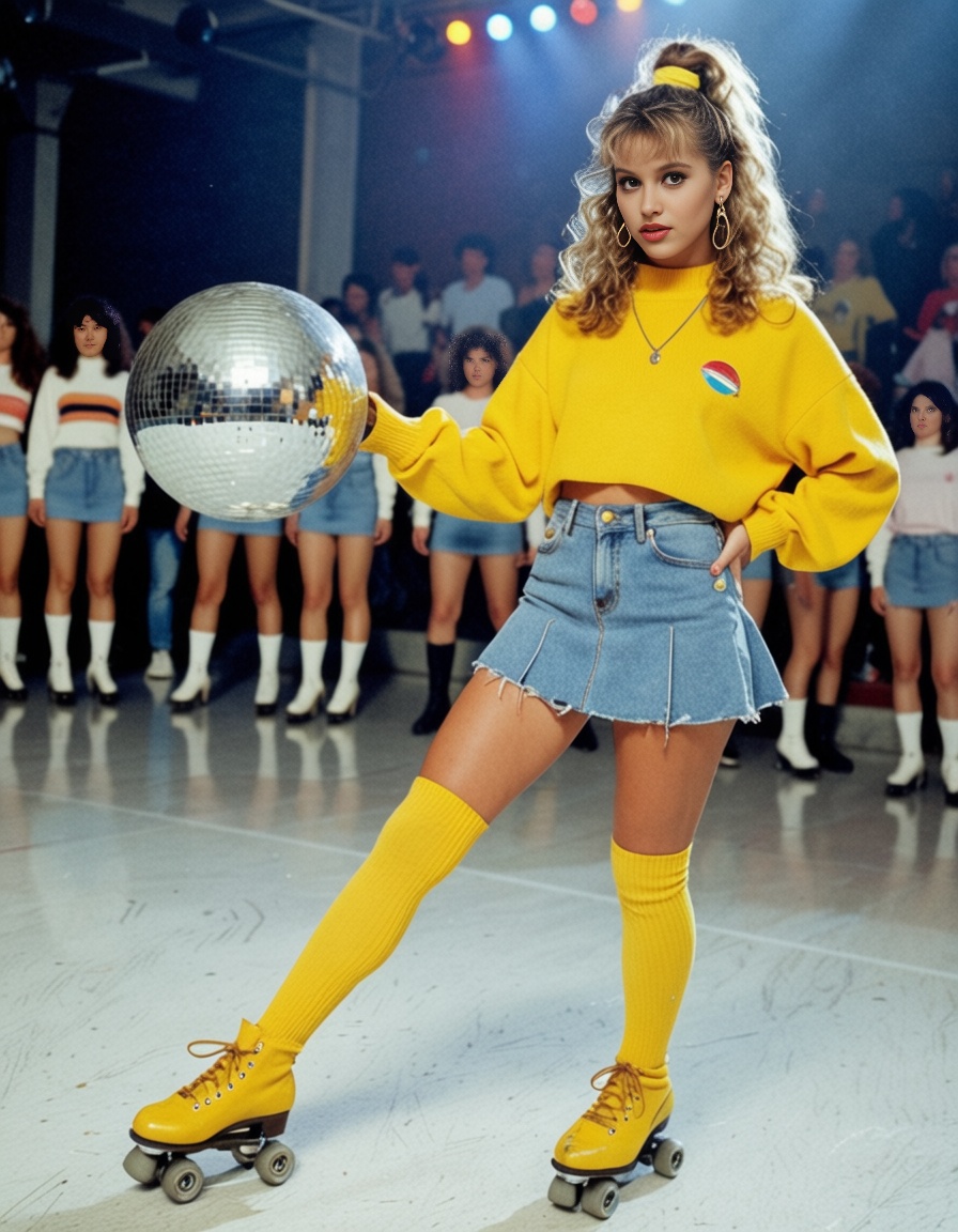 lazypos,  80s style of young woman A retro roller skating rink with a glittering disco ball overhead,  where skaters glide...
