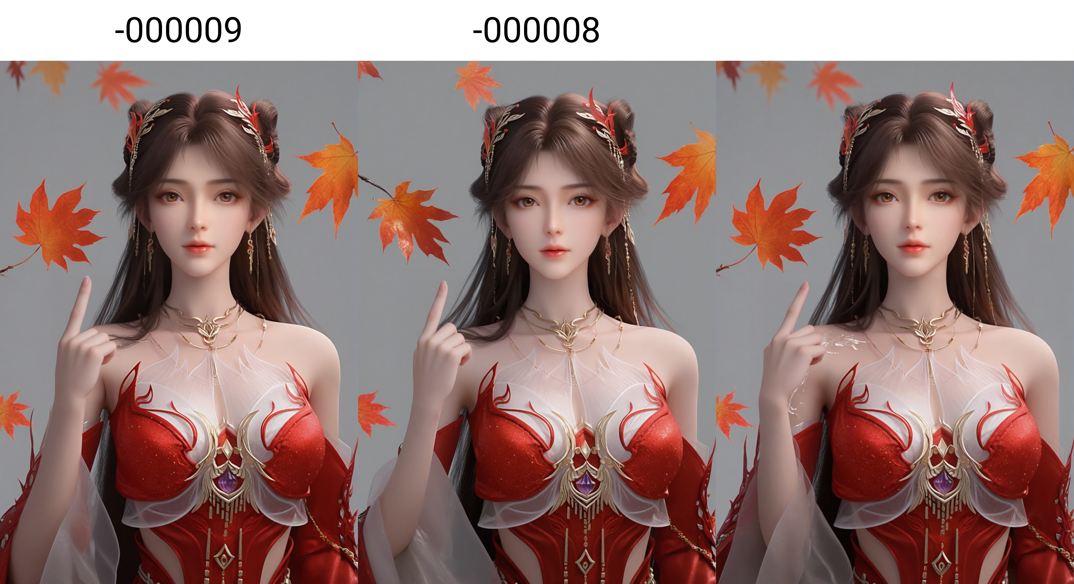 (score_9),<lora:火灵儿天神-apony-000009:0.83>,huolinger,1girl,solo,long hair,brown hair,brown eyes,jewelry,hair ornament,necklace,red dress,earrings,detached sleeves,clothing cutout,gold accents,front view,looking at viewer,light blush,hand_gesture,(middle_finger:1.2),BREAK<lora:Expressive_H-000001:0.8>,collarbone,(glamor:1.2),(mature_female),large breasts,pointy breasts,puffy breasts,<lora:e肤色滑块:0.35>,fair_skin,(white_skin),(Ivory_skin),BREAK<lora:SDS-XL泛光调节器_v1.0:1.2>,simple background,grey background,in autumn,grove,(maple_tree),(maple_leaf),leaf,autumn leaves,falling leaves,branch,twig,