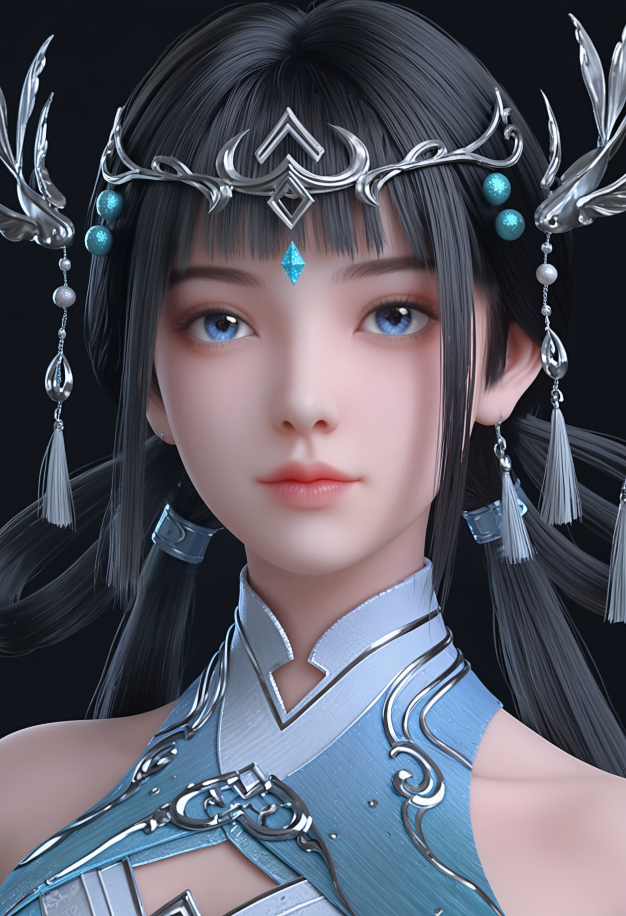 (looking_at_viewer:1.2),(upper_body:1.2),<lora:YQ_pony_jianyan_V4:0.8>,1girl,q1528437228,solo,black hair,long hair,hair ornament,chinese clothes,hair rings,blue eyes,twintails,jewelry,tiara,earrings,boots,circlet,low twintails,ponytail,blunt bangs,(simple background,pure black background,black background:1.1),perfect_anatomy,