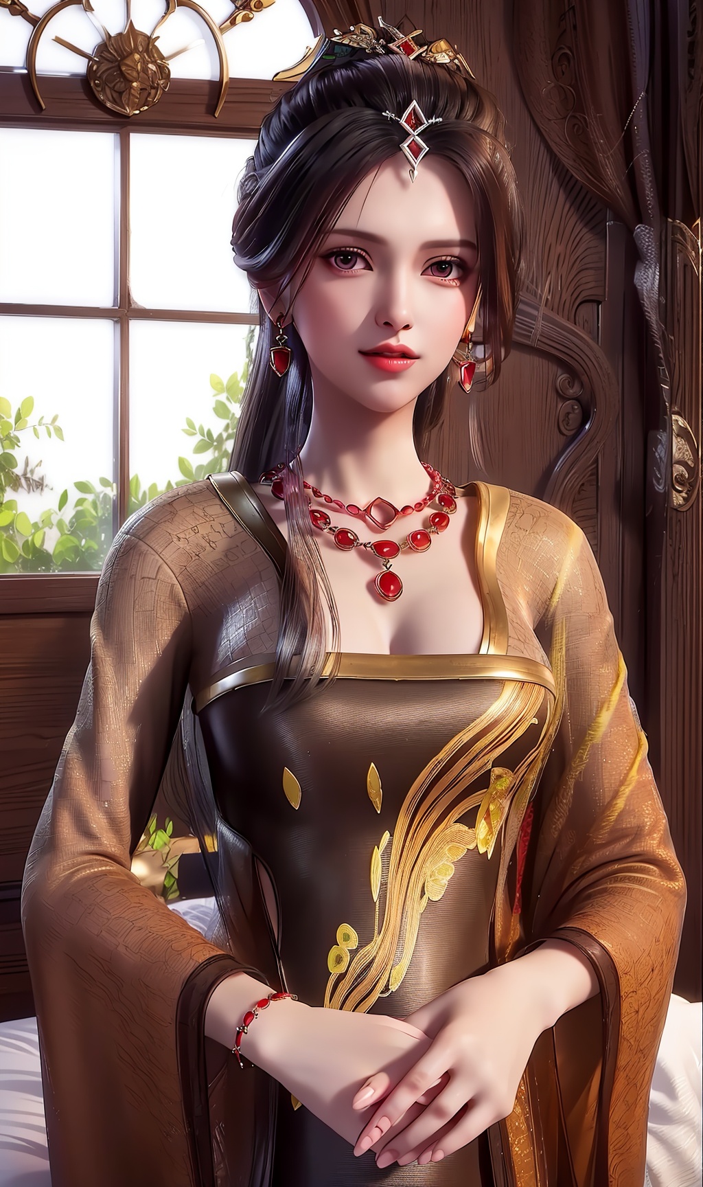 masterpiece,(best quality),official art, extremely detailed cg 8k wallpaper,((crystalstexture skin)), (extremely delicate and beautiful),highly detailed,1girl,solo,long hair,headwear,(standing),( hair),,(long dress:0.955),(clothes:0.999),(dress:0.987),(chinese_clothes:0.897),(long_skirts:0.987),face,lips,(closed mouth),(upper body),(medium breasts),((hair_ornament)),jewelry,earrings,(sunshine, indoor,bed),((looking_at_viewer)),((Facing the camera)),, <lora:hipoly3DModelLora_v10:0.3>