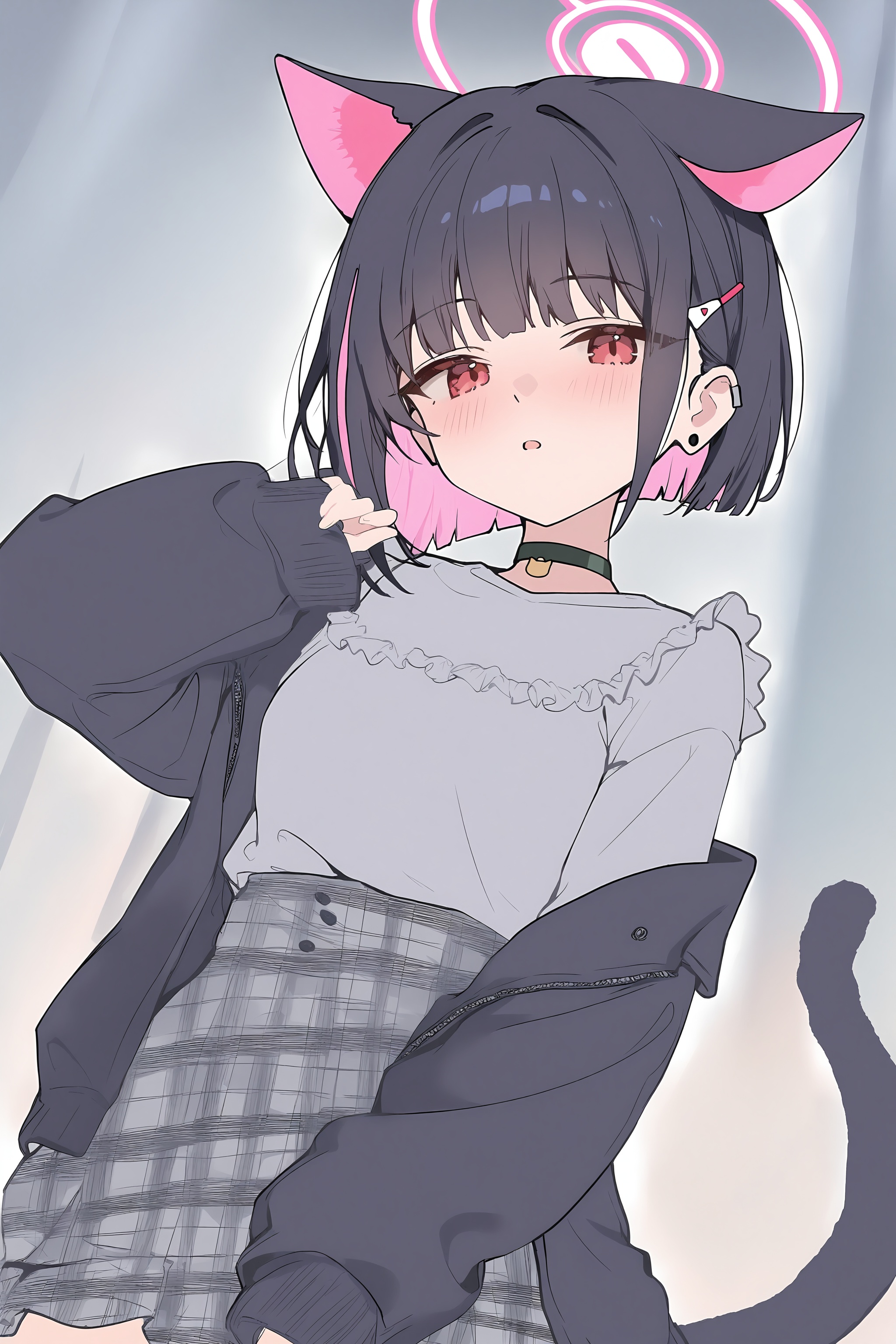 high resolution,aesthetic,excellent,medium resolution,newest,year 2025,<lora:nai4-ckxl0.2-000031:0.8>,1girl,animal ears,solo,kazusa \(blue archive\),extra ears,halo,cat ears,pink halo,jacket,black hair,pink hair,multicolored hair,black jacket,tail,skirt,blush,shirt,short hair,choker,red eyes,cat tail,grey shirt,colored inner hair,black choker,frills,looking at viewer,open mouth,earrings,two-tone hair,hairclip,long sleeves,grey skirt,jewelry,plaid skirt,parted lips,hair ornament,cat girl,alternate costume,plaid,open jacket,