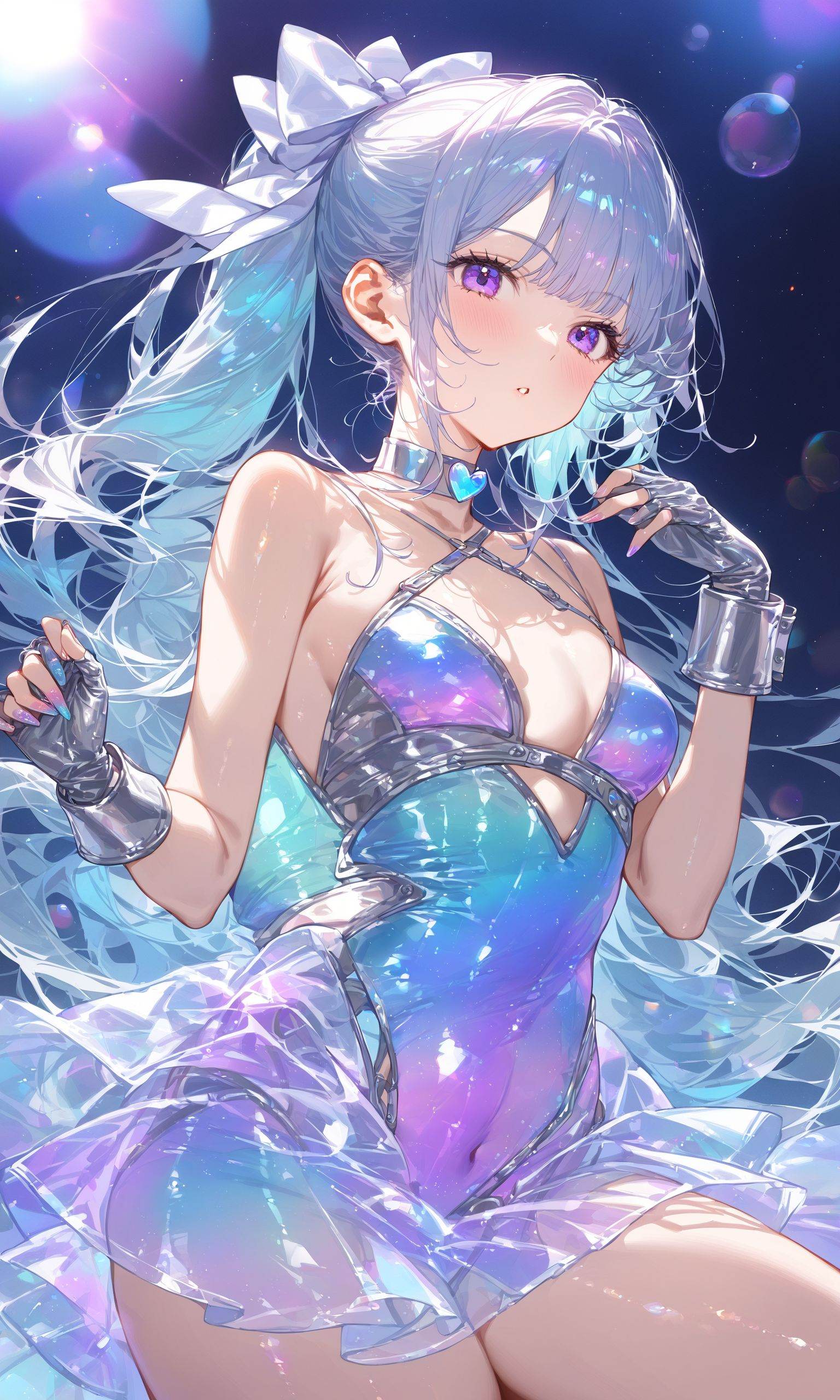 1girl,  solo,  Style: Futuristic and digital. Design: Holographic bodysuit with pixelated patterns on Tensor.Art