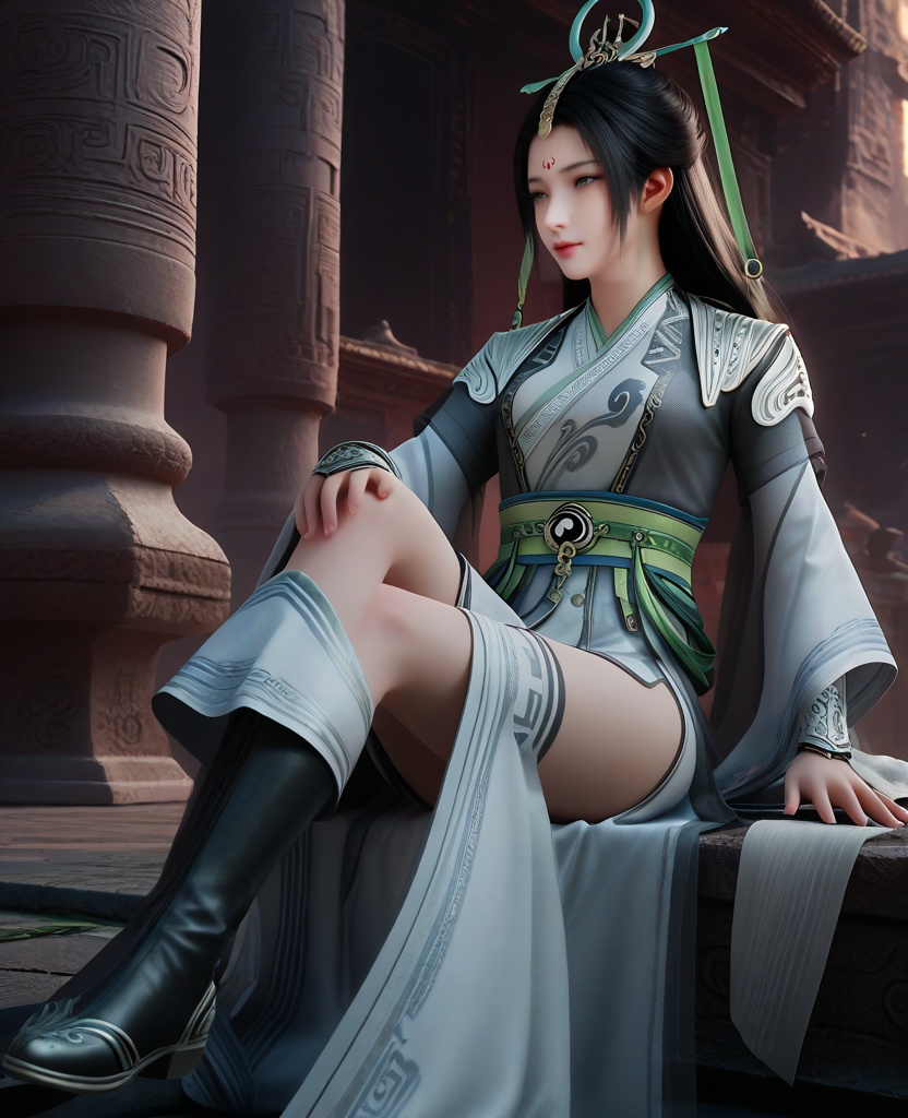(oriental architecture, elegant decor, sophisticated style:1.1),(Sitting on a chair with legs crossed, looking to the side,:1.1),(breasts:1.2),<lora:XL16遮天陆灵:0.95>,miss luling,white dress,see-through wrap coat,forehead mark,black hair,long hair,hair ornament,sash,weapon,black boots,, score_9,score_8_up,score_7_up,score_6_up,score_5_up,score_4_up,3d rendering,tag1,tag2, Cinematic Lighting,backlighting,