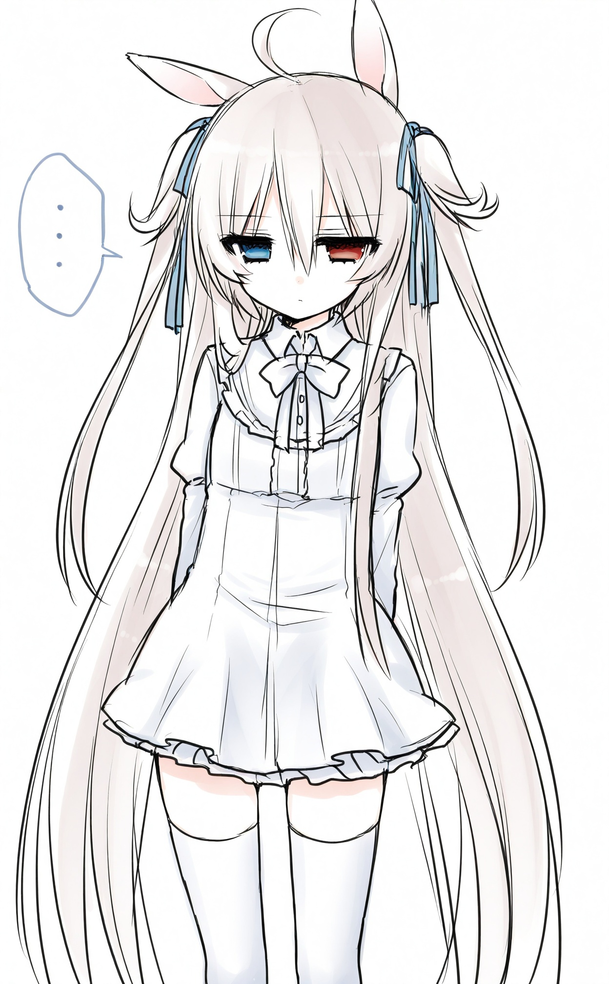 masterpiece,absurdres,best quality,((petite)),loli,high quality,white theme,//,1girl, heterochromia, animal_ears, long_hair, solo, white_hair, rabbit_ears, red_eyes, two_side_up, blue_eyes, ..., thighhighs, very_long_hair, dress, ribbon, spoken_ellipsis, ahoge, hair_ribbon, simple_background, white_background, zettai_ryouiki//,<lora:月影ネム——【CKXL】hans:1>,