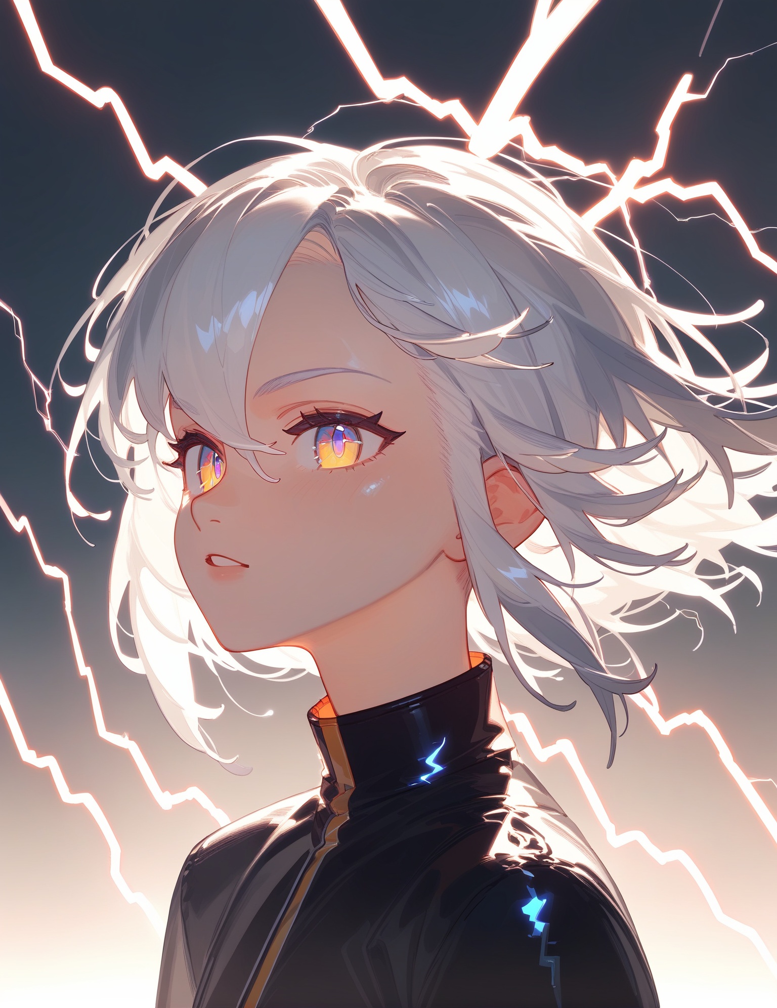 score_9_up,score_8_up,1girl,Phototropism,lightning face,white hair,
