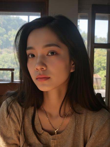 (text "Buzz Me Please" in sky:1.2),There are wonderful studio lights and various reflections,18yo girl her face is very delicate,skin naturally showing the texture of blood vessels and detailed pale skin,<lora:flux_realism_lora:0.8>,<lora:zhuangdf_f1_epoch_11:1>,chinese actress,bright photo of beautiful asian girl with long wavy hair wearing bohemian dress,inside a rustic house with windows,necklace,realistic light reflections,pale skin,
