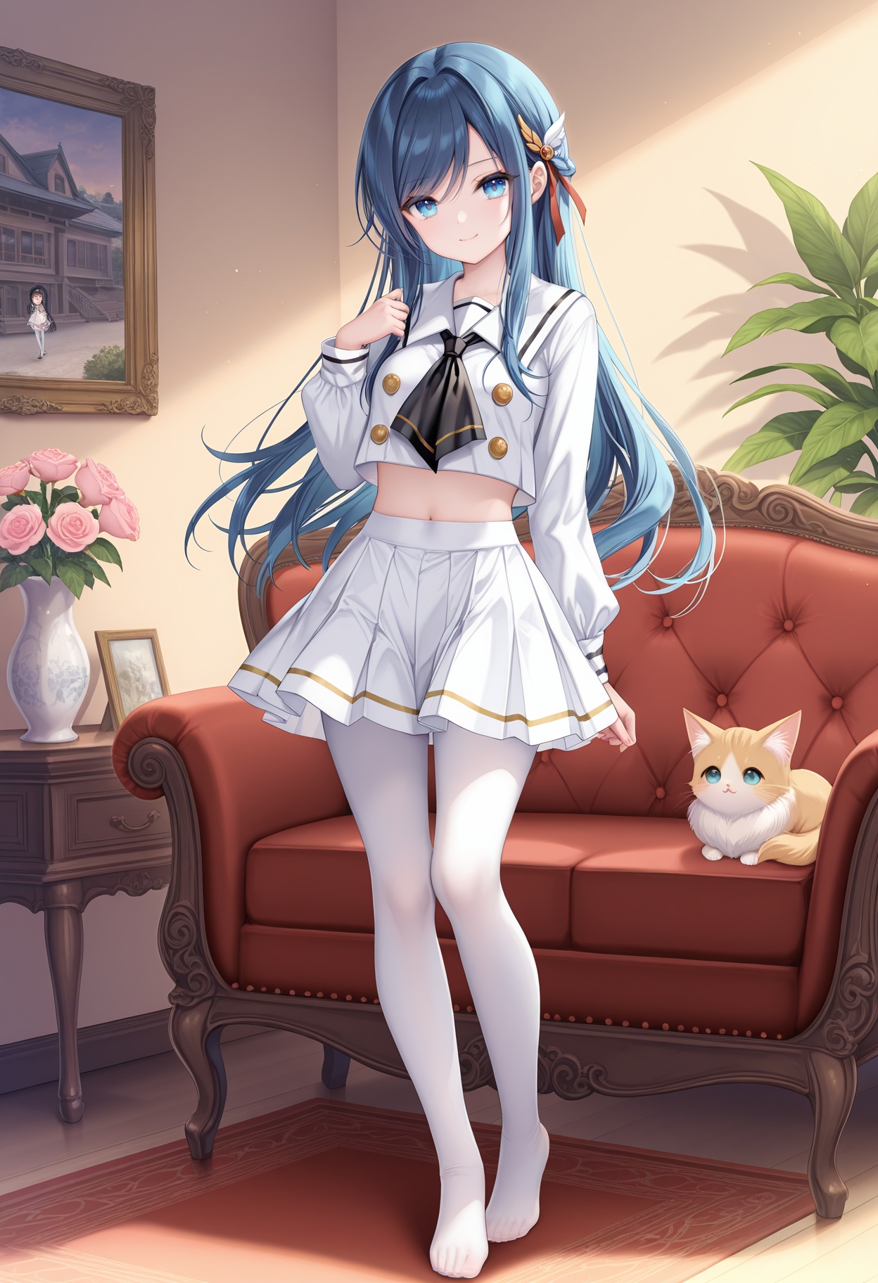 masterpiece, best quality, newest, absurdres, highres,(torino aqua: 0.5),(nibiiro shizuka:0.4),(rimuu:0.5),(mignon:0.5),(sheya:0.4),   satsuki, blue hair, blue eyes, hair ornament, long hair,smile,1girl,janus(school), white skirt, miniskirt,  crop top, long sleeves,school uniform, white serafuku, neckerchief,white pantyhose,looking at viewer, full body, no shoes, standing,living room,<lora:SatsukiXLNAI:1>,<lora:Janus(Uniform)XLNAI:1>