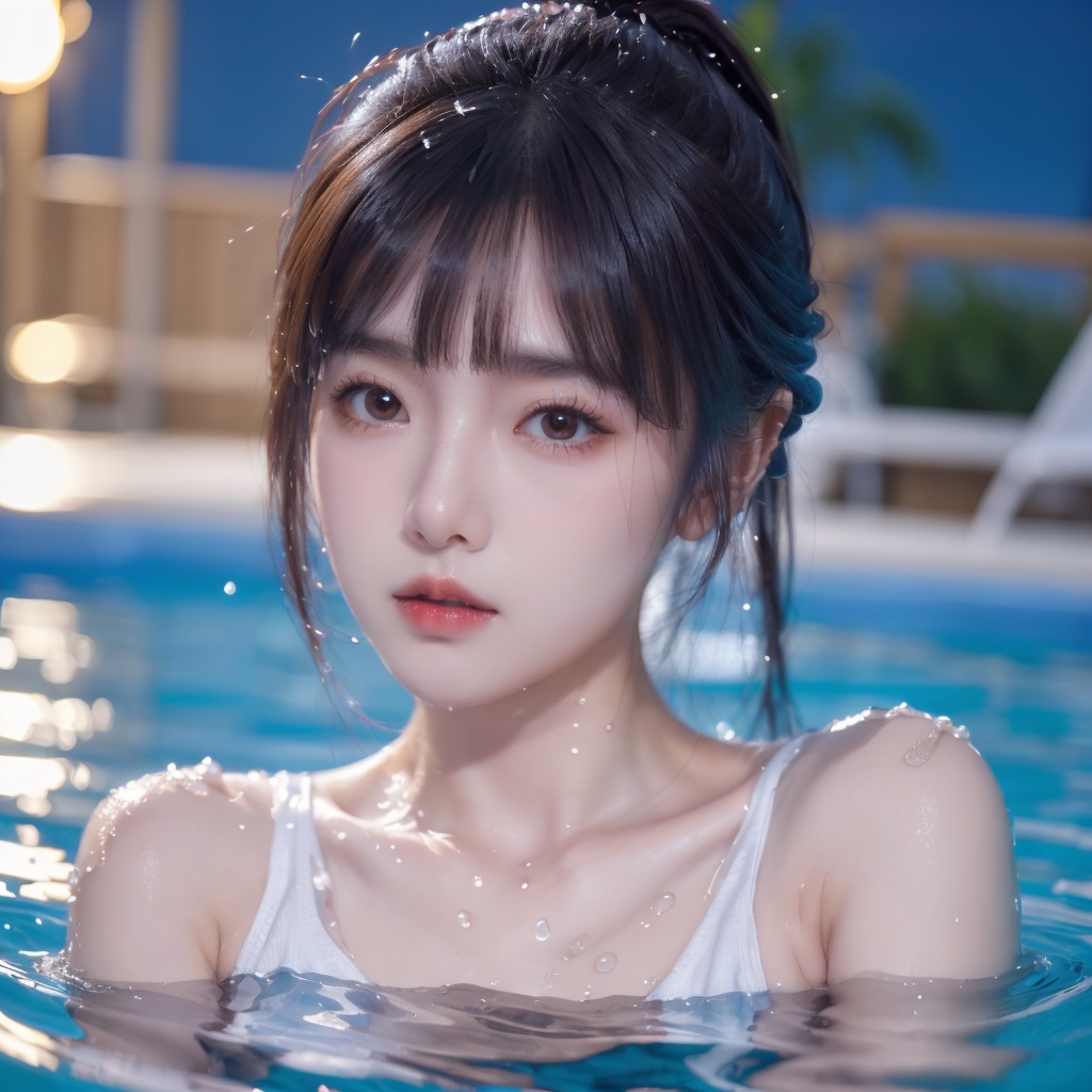 1girl,towel,partially submerged,breasts,brown eyes,lips,water,waves,wet,Pool,Red lips, close-up, water vapor, lighting, at night, <lora:20231109-1699510907344:0.6>