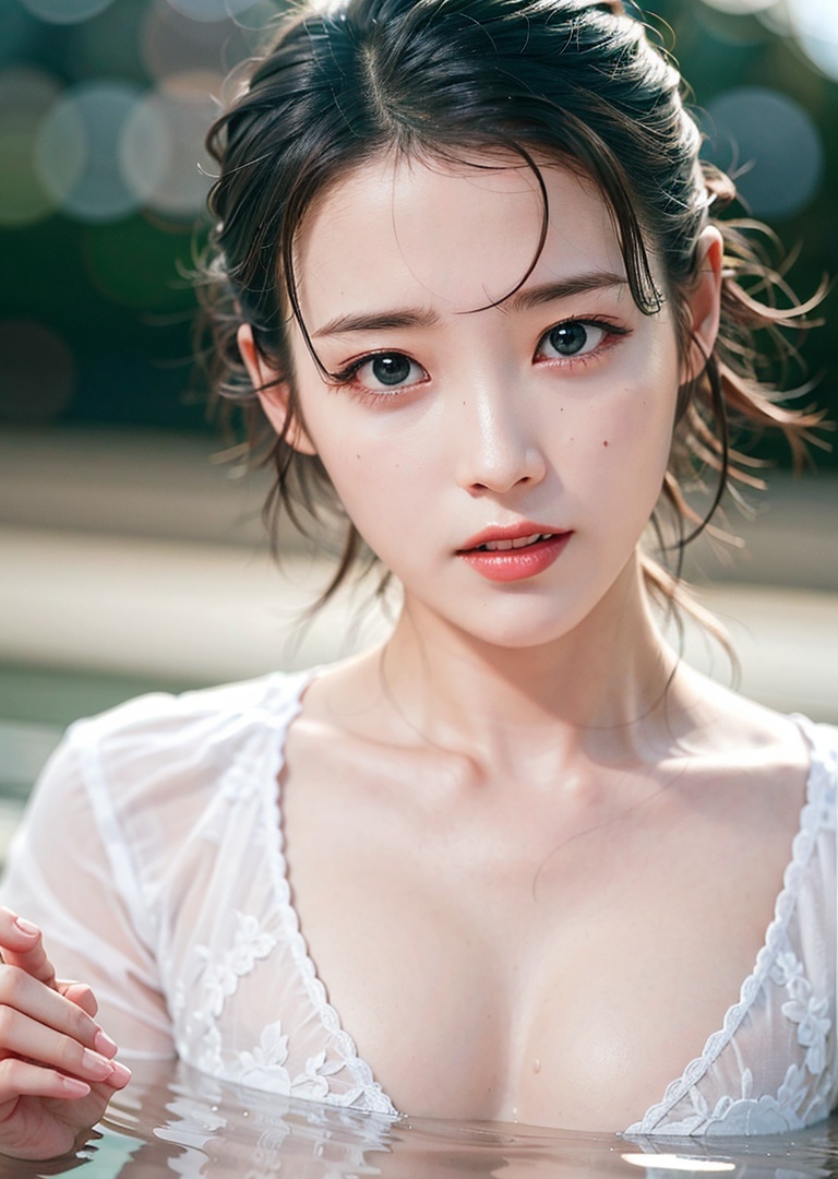 iu1, close up portrait, wearing white wet shirt bathing in a river,  reeds, (backlighting), realistic, masterpiece, highest quality, lens flare, shade, bloom, looking at camera,