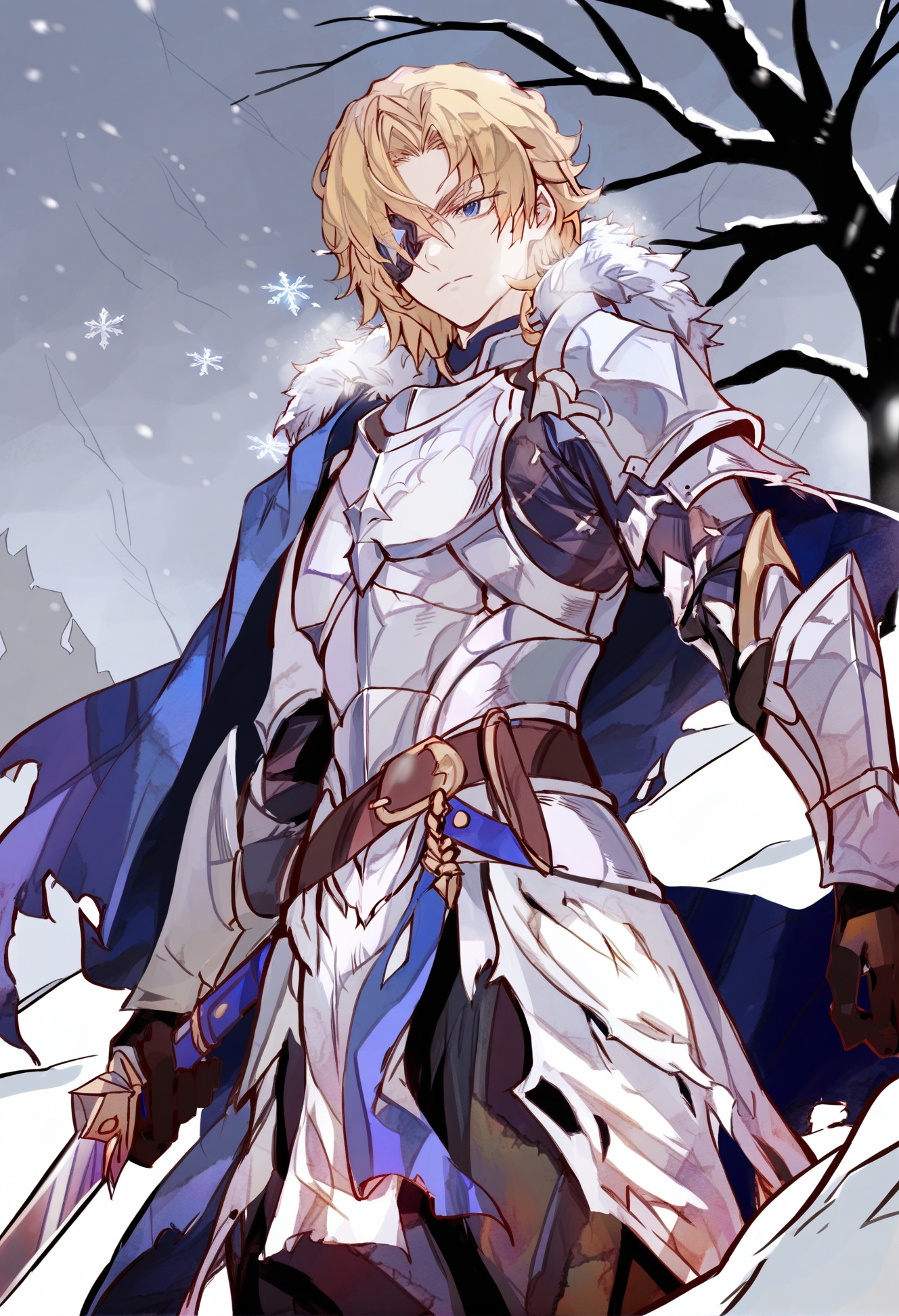 masterpiece, best quality,1boy, male focus, dimitri alexandre blaiddyd,  eyepatch, solo, blonde hair, blue eyes, cape, fur trim, snowing, blue cape, armor, closed mouth, belt, hair between eyes, snow, from below, tree, snowflakes, medium hair, dagger, weapon, fur-trimmed cape, holding, holding knife, torn clothes, plate armor, looking ahead, holding weapon, holding dagger, outdoors, knife, bare tree <lora:COCOballXLlokr8f-000123:0.95>