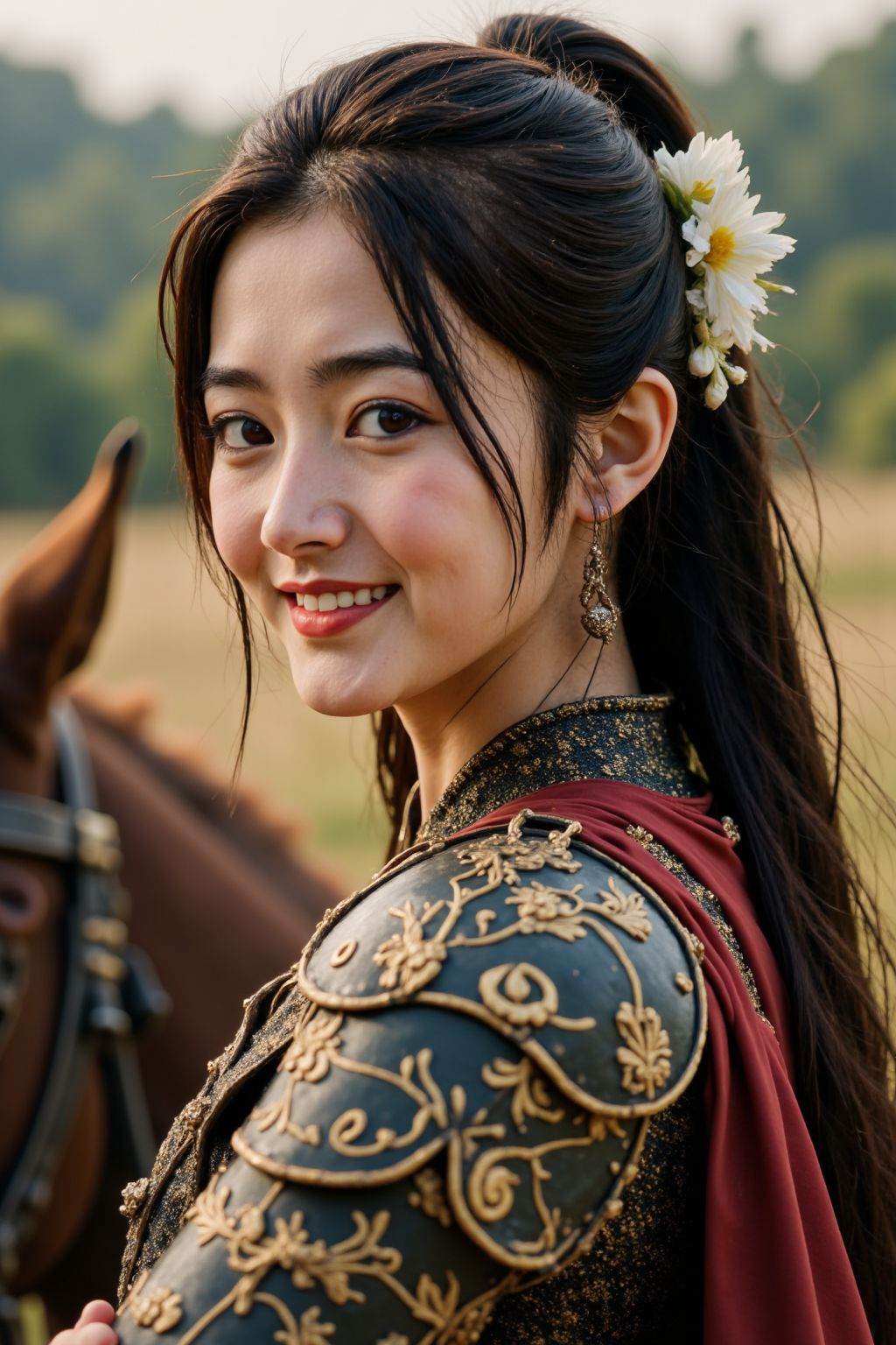 HDR photo of cinematic film still 1girl, solo, long hair, looking at viewer, smile, brown hair, black hair, hair ornament, brown eyes, ponytail, flower, outdoors, hand up, hair flower, cape, armor, blurry, lips, blurry background, shoulder armor, breastplate, realistic, red cape, riding, horse, horseback riding, saddle, . shallow depth of field, vignette, highly detailed, high budget, bokeh, cinemascope, moody, epic, gorgeous, film grain, grainy . High dynamic range, vivid, rich details, clear shadows and highlights, realistic, intense, enhanced contrast, highly detailed