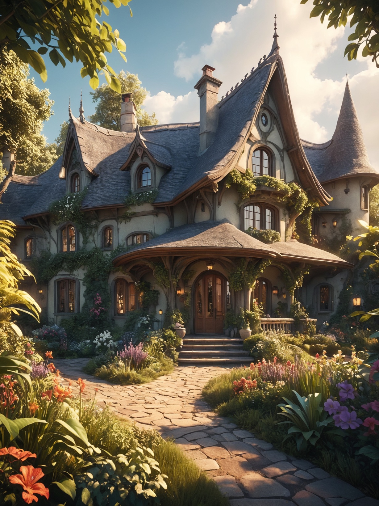 A captivating 3D render of a breathtaking residence,  seamlessly merging Storybook Cottage and Art Nouveau styles. The enc...