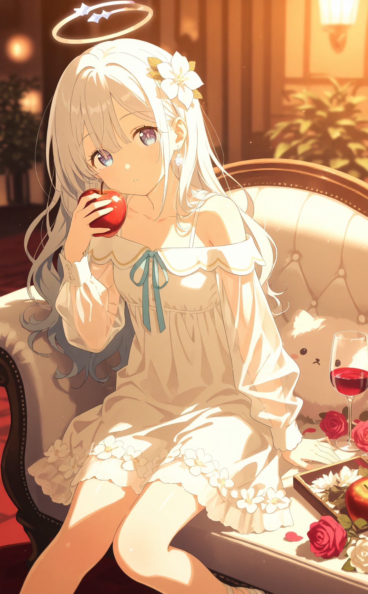 masterpiece,very aware,highres,absurdres,newest,best quality,loli,petite,high quality,//,1girl,apple,blue_eyes,blurry,breasts,cardigan,closed_mouth,collarbone,depth_of_field,dot_nose,dress,earrings,expressionless,fake_animal_ears,feet_out_of_frame,flower,grey_hair,hair_flower,halo,holding,indoors,knee_up,long_hair,long_sleeves,looking_at_viewer,masterpiece,medium_hair,multiple_girls,neck_ribbon,night,off-shoulder_dress,on_couch,parted_lips,partially_submerged,pink_eyes,pink_flower,puffy_sleeves,rose,sailor_collar,sandals,see-through,sitting,small_breasts,solo,standing,sundress,swimsuit,tail_ornament,tree,valentine,water_drop,white_dress,white_flower,white_hair,wine_glass,worst quality,yellow_dress,//,official art,depth of field,detailed light,blurry background,best shadow,shiny skin,cinematic lighting,ray tracing,amazing quality,very aesthetic,absurdres,beast quality,ultra detailed,newest,8K,HDR,//,<lora:BA2——【Illustrious】hans:0.4>,<lora:chahua——【noob】hans:0.6>,