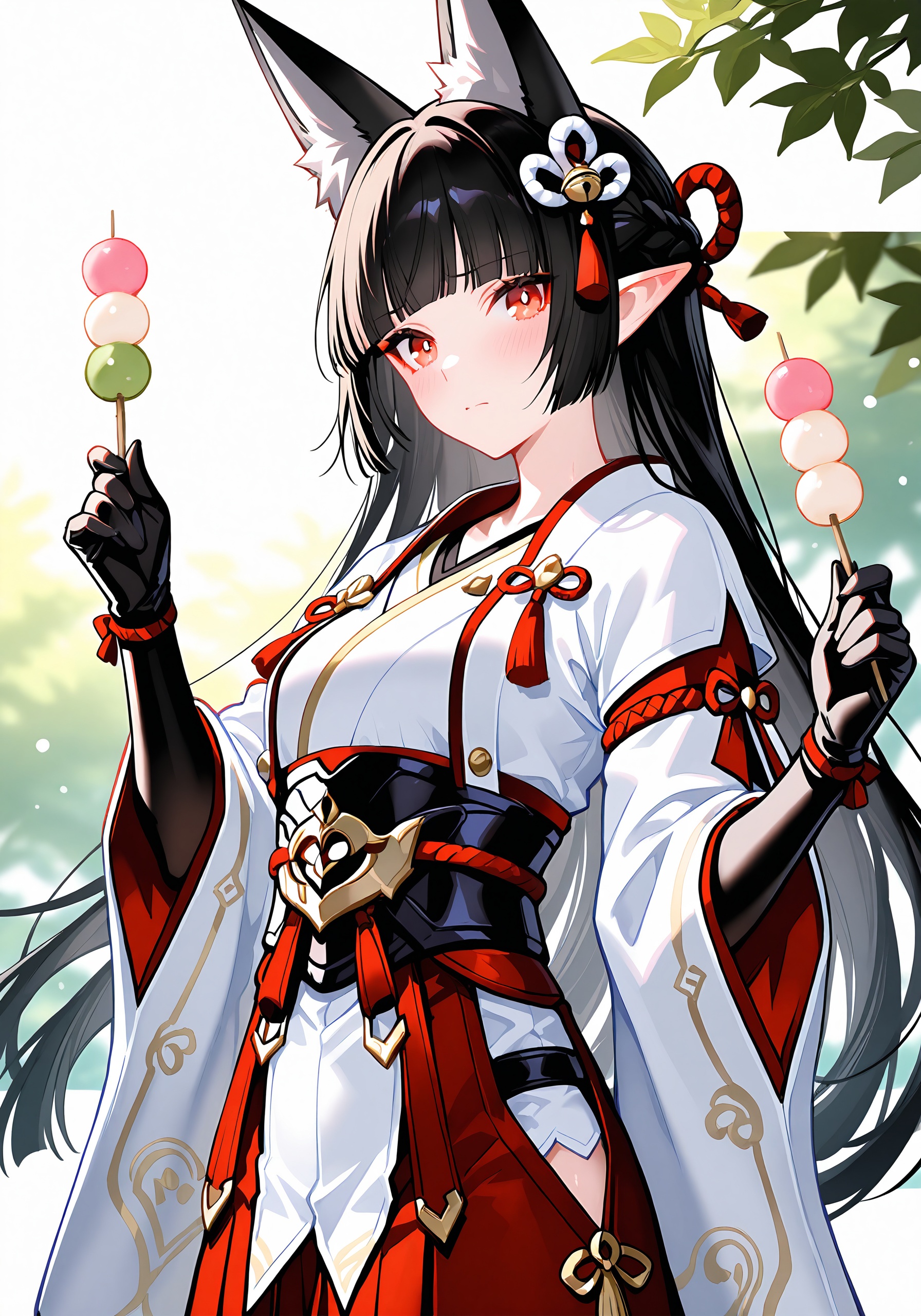 masterpiece BREAKHoshimi Miyabi cosplaying Minoto wears elaborate red, white, and gold Japanese cosplay with red hakama and black gloves, displaying prominent fox ears and long black hair adorned with ornaments. She shyly looks at the viewer with red eyes while holding two multi-colored dango skewers. The softly blurred background of green leaves and light effects highlights her detailed features and creates a calm, serene mood.