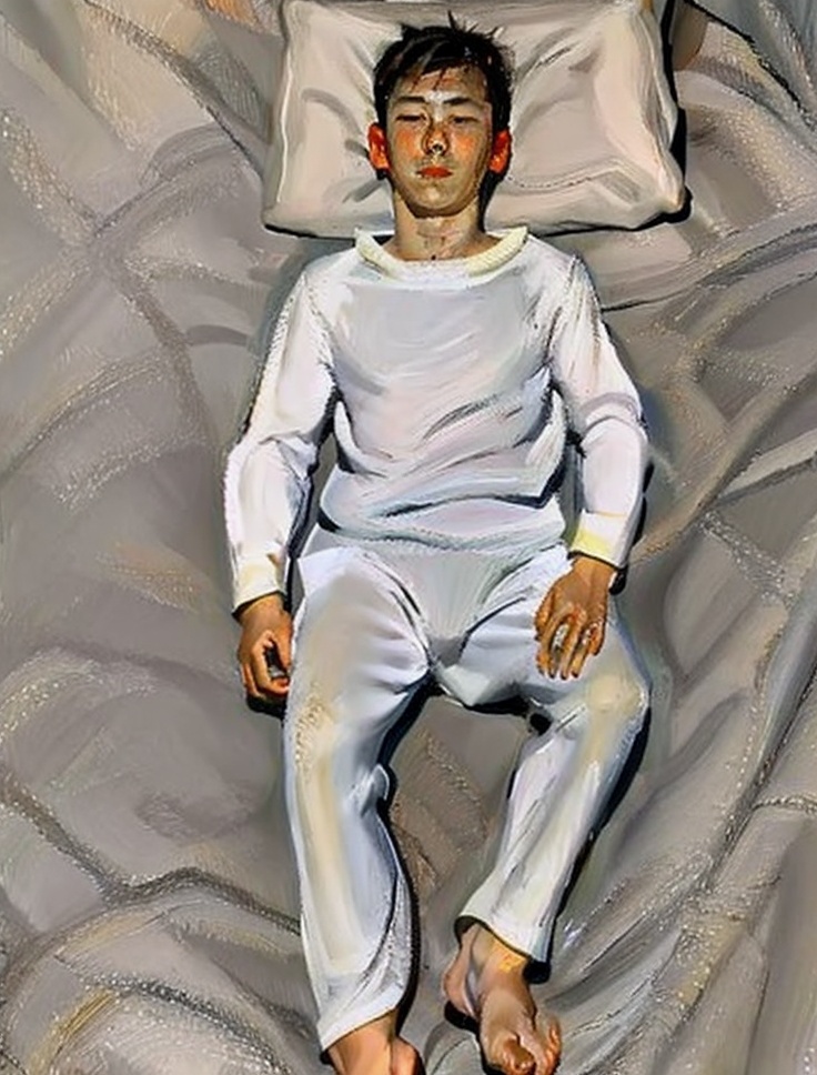 1boy,freud,oil painting,brushwork,solo,full body,<lora:fuluoyideV3:0.9>,lie in bed,in one's clothes,