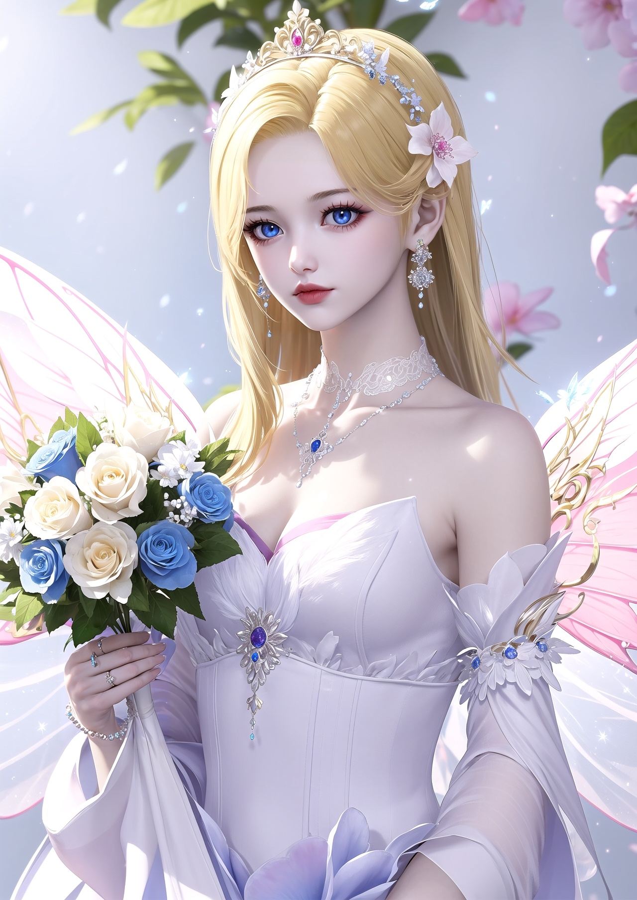 masterpiece,best quality,1girl,jewelry,solo,flower,blurry background,wings,blurry,dress,holding,blue eyes,bouquet,ring,long hair,earrings,detached sleeves,white dress,looking at viewer,holding flower,blonde hair,necklace,bare shoulders,holding bouquet,bracelet,fairy wings,hair ornament,tiara,white flower,beads,fairy,depth of field,