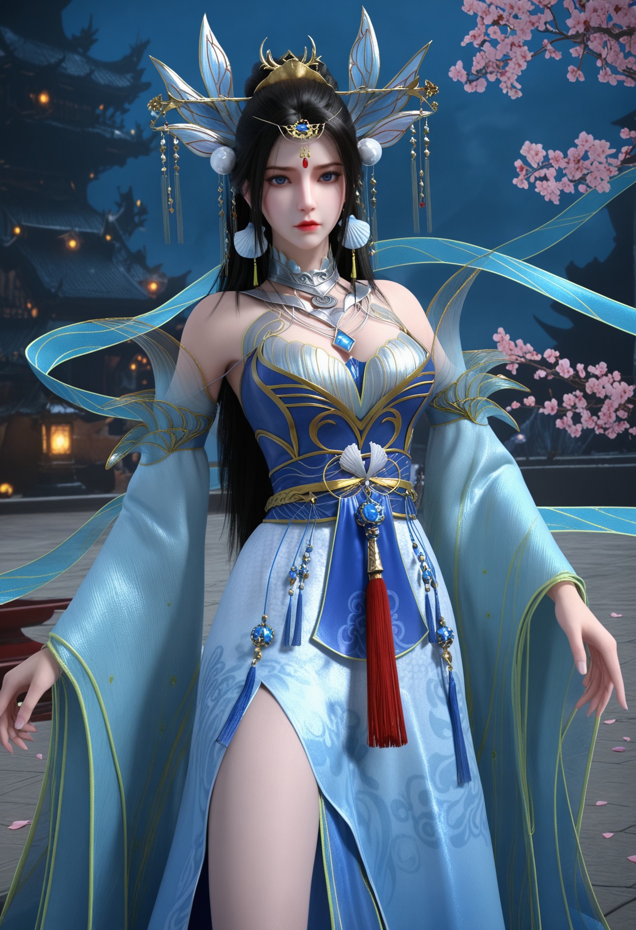 (cowboy shot:1.2),(looking at viewer:1.1),masterpiece,(best quality),smog,Dark room,dim lighting,peach blossom,falling petals,<lora:YQ_Illustrious光辉v5_楚宣_V1:0.8>,q1528437228,1girl,solo,hair ornament,black hair,long hair,jewelry,dress,earrings,blue dress,chinese clothes,detached sleeves,blue eyes,sash,necklace,high heels,hair bun,tiara,blue footwear,brown hair,forehead mark,wide sleeves,long sleeves,pantyhose,ponytail,detached collar,collar,thighs,gold footwear,