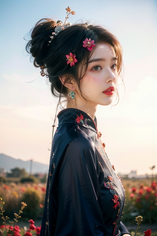 masterpiece,ultra high res,realistic,finely detail,extremely detailed,1girl,solo,brown_hair,black_hair,hair_ornament,brown_eyes,jewelry,(full body:1.3),flower,earrings,hair_bun,blurry,from_side,chinese_clothes,looking_up,freckles,standing,lipstick,red_lips,makeup,lips,film grain,film overlay,morning glow,pastel sky,cool tones,sun rays,soft light,dress,cowboy shot,