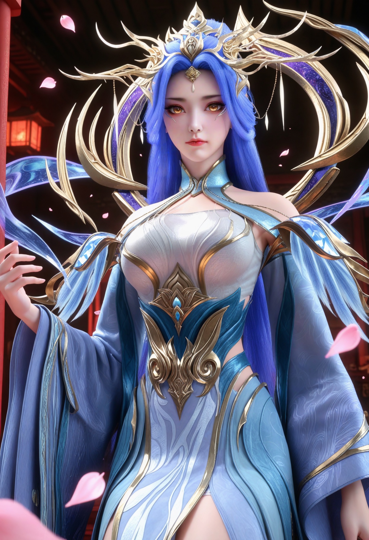 (looking at viewer:1.1),(Dark room:1.3),(moody lighting:1.1),peach blossom,falling petals,medium breasts,zetiannvdi,1girl,solo,long hair,blue hair,hair ornament,dress,closed mouth,long sleeves,bare shoulders,detached sleeves,yellow eyes,wide sleeves,makeup BREAK masterpiece,(best quality),(intricate details:0.9),(realistic skin:1.2),<lora:QQSillzetiannvdiV1:0.8>,