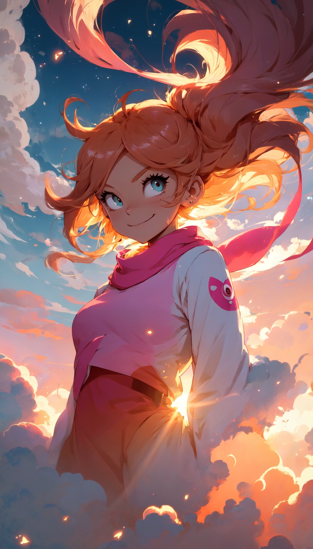powerpuff girls style,  illustration of a girl floating in the sky,  scarf on Tensor.Art