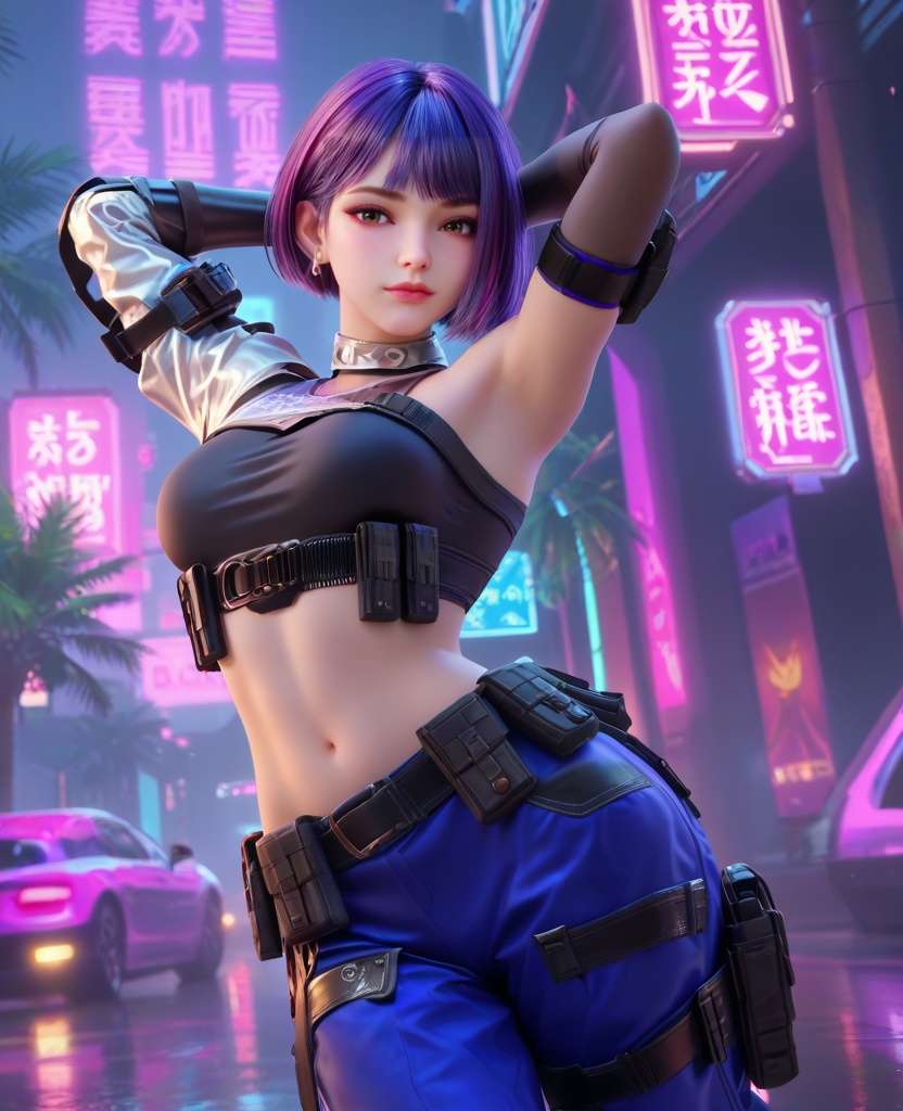 (oriental architecture, elegant decor, sophisticated style:1.1),(Standing with hands behind the head, stretching,:1.1),(breasts:1.2),<lora:XL16穿越火线雨墨保卫者:0.95>,miss yumo,black crop top,white one-shoulder combat sleeve,brown eyes,synthwave streaked hair,bob cut,purple hair,asymmetrical sleeves,black fingerless gloves,midriff,blue pants,belt,holstered,earrings,jewelry,black combat boots,, score_9,score_8_up,score_7_up,score_6_up,score_5_up,score_4_up,3d rendering,tag1,tag2, Cinematic Lighting,backlighting,, zPDXL3, zPDXL2,zPDXL, zPDXLxxx, zPDXLrl,