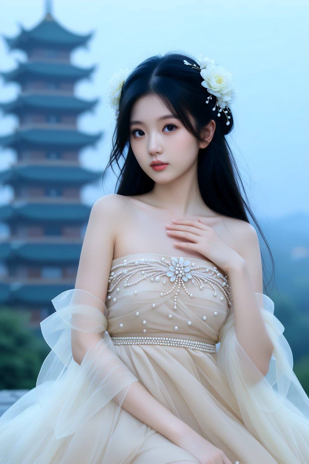 A young East Asian woman with long,  flowing black hair,  adorned with white flowers on Tensor.Art