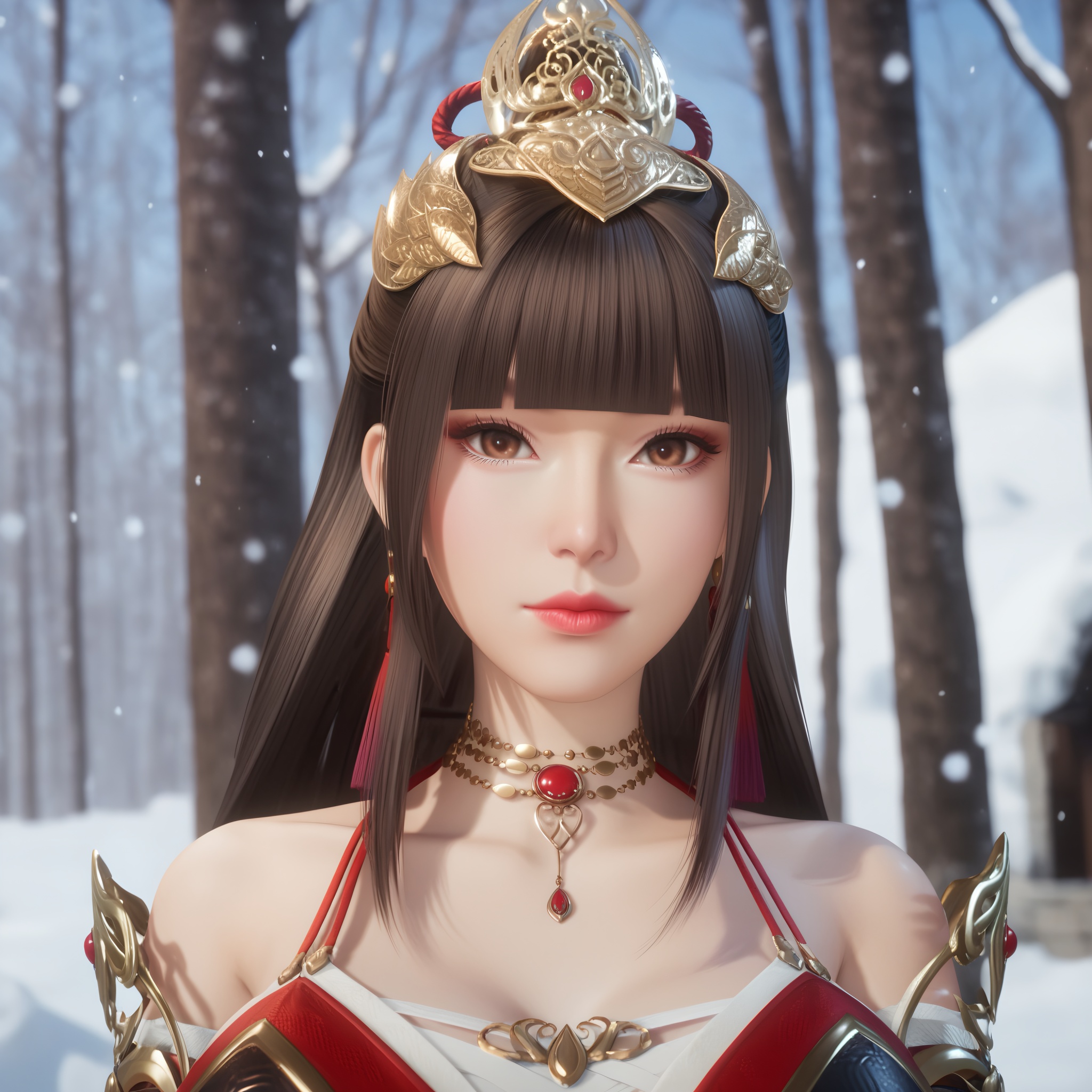 (score_9),realistic,looking at viewer,front view,upper body,<lora:幽亦寒-apony:0.8>,youyihan,1girl,solo,long hair,dark brown hair,blunt bangs,hair ornament,tassel earrings,brown eyes,bare shoulders,shoulder armor,red gem,japanese clothes,necklace,(glamor:1.2),(mature_female),collarbone,BREAKgame cg,in winter,snow,ice,4K ultra HD,high detail,high contrast,depth of field,
