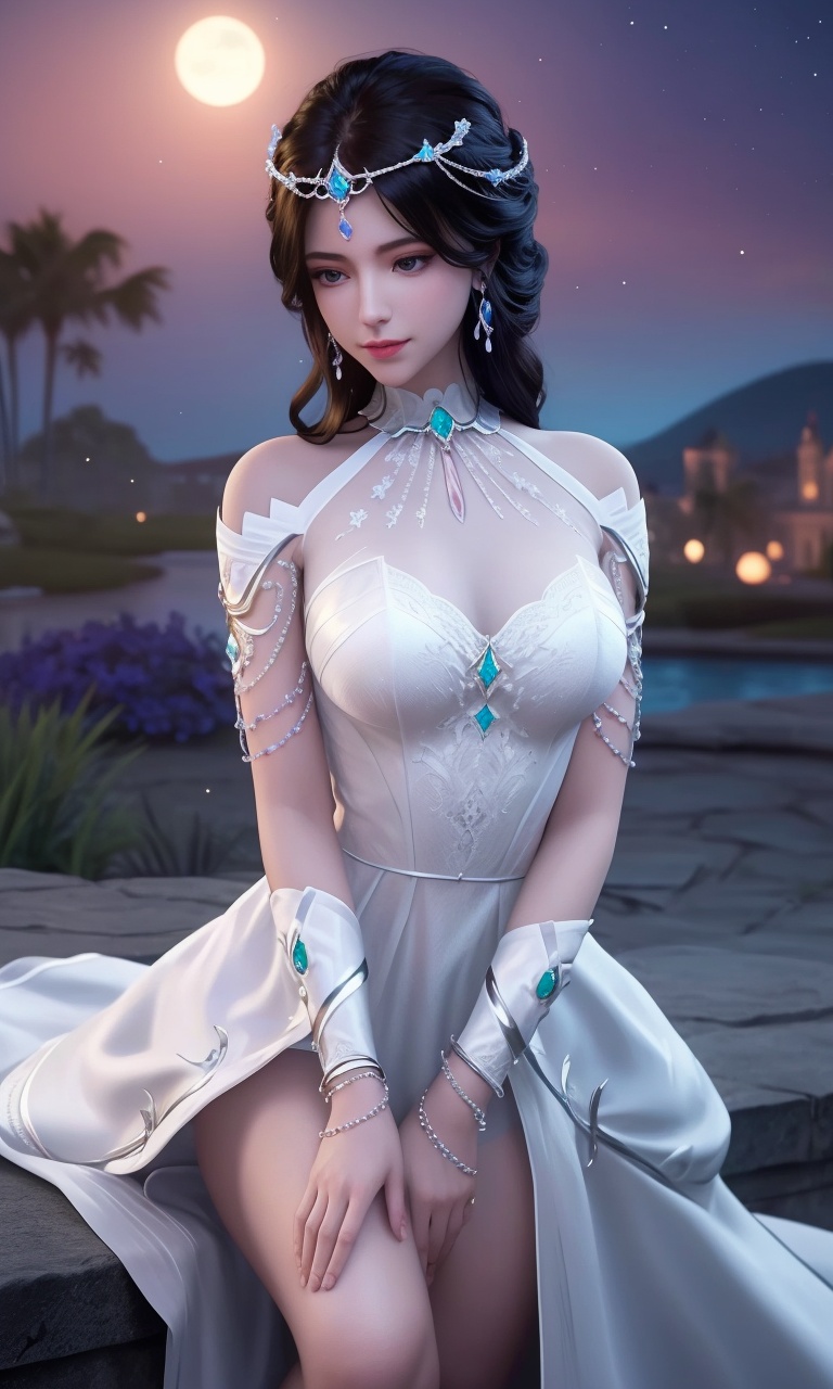 ,1girl, pov,,moon, full moon, moonlight,night,(,star_\(sky\), starry_sky, night, moon, night_sky, sky, shooting_star, full_moon, letterboxed, 1girl, solo, space, earth_\(planet\), planet, cloud, blue_sky, aurora, dress)<lora:DA_BaiYe:0.6>ultra realistic 8k cg, picture-perfect face, flawless, clean, masterpiece, professional artwork, famous artwork, cinematic lighting, cinematic bloom, perfect face, beautiful face, fantasy, dreamlike, unreal, science fiction, huge breasts, beautiful clothes, lace, lace trim, lace-trimmed legwear, (rich:1.4), prestige, luxury, jewelry, diamond, gold, pearl, gem, sapphire, ruby, emerald, intricate detail, delicate pattern, charming, alluring, seductive, erotic, enchanting, hair ornament, necklace, earrings, bracelet, armlet,halo     