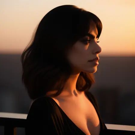 chiara,  cinematic shot,  standing on a balcony at sunset on Tensor.Art