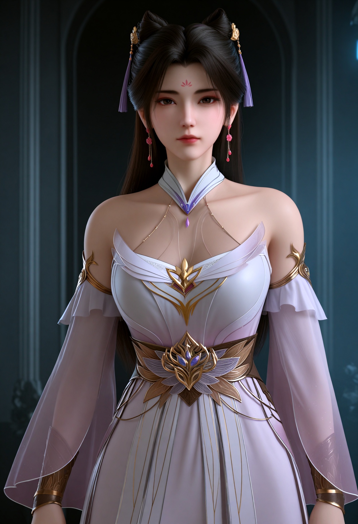(full_body:1.1),(gigantic breasts:0.6),(slender:1.3),(looking_at_viewer:1.1),(masterpiece:1.1),(best quality:1.2),(intricate details),(smog:1.3),(Dark room:1.3),(dim lighting:1.3),<lora:YQ_Illustrious光辉v5_梦可儿_V1:0.8>,(q1528437228:1.3),solo,jewelry,long_hair,black_hair,earrings,hair_ornament,bare_shoulders,dress,facial_mark,forehead_mark,white_dress,detached_sleeves,hair_bun,tassel,see-through,double_bun,sash,detached_collar,masterpiece,(best quality),(intricate details:0.9) BREAK (intricate details:0.9),(realistic skin:1.2),masterpiece,best quality,newest,absurdres,hiahres,