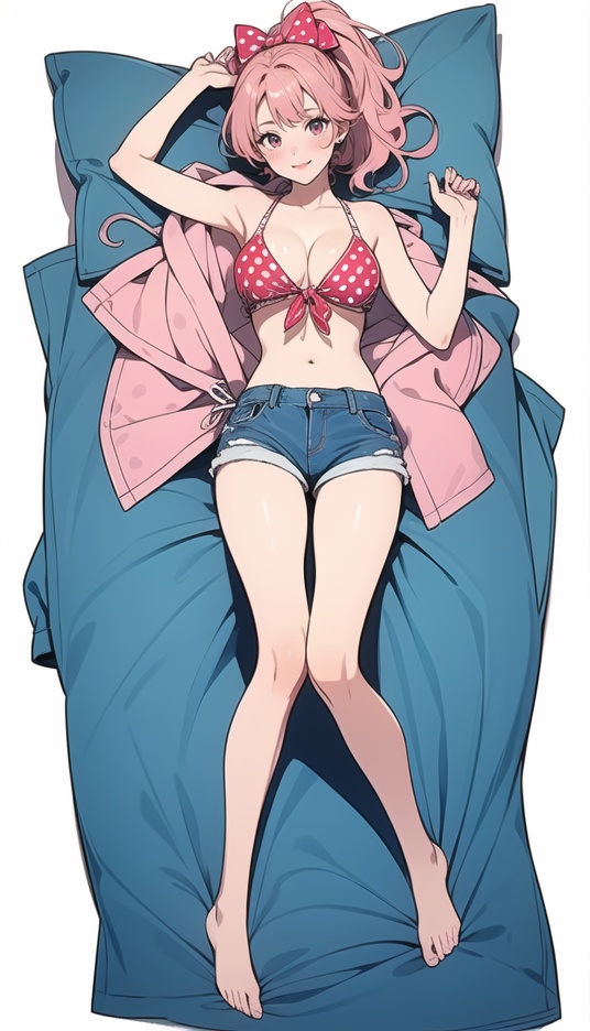 (best quality), ((masterpiece)), (highres), illustration, original, extremely detailed,1girl, solo, polka dot, polka dot bikini, pink hair, breasts, bikini, swimsuit, barefoot, bow, looking at viewer, smile, navel, shorts, pink eyes, full body, white background, simple background, denim shorts, denim, cleavage, blush, hair bow, bare legs, ponytail, unbuttoned, front-tie top, large breasts, short shorts, red bikini, hair ribbon, collarbone, ribbon, front-tie bikini top, armpits, lying, on back, open fly, dakimakura \(medium\)