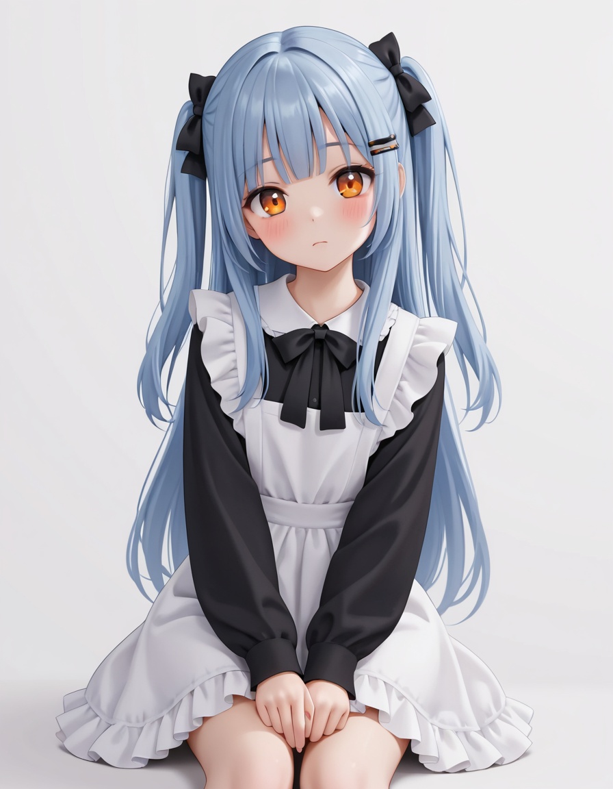 1girl,solo,long hair,looking at viewer,blush,bangs,simple background,shirt,hair ornament,long sleeves,white background,dress,bow,sitting,very long hair,closed mouth,blue hair,hair bow,frills,hairclip,apron,two side up,orange eyes,head tilt,black shirt,black bow,