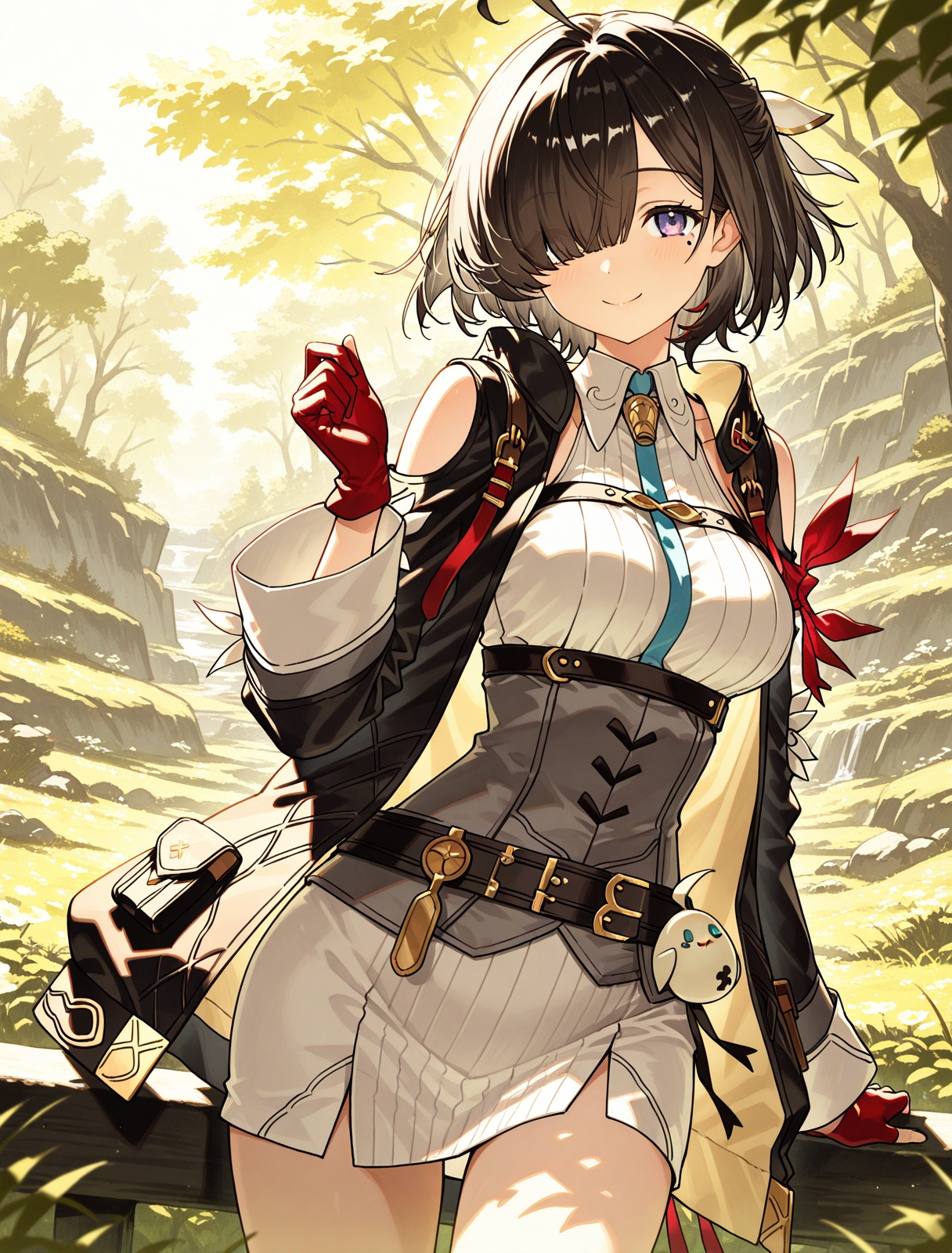 <lora:yumia_liessfeldt_IL_v1.0:1>,yumia liessfeldt \(original\),hair over one eye,mole under eye,jacket,smile,benitama,, masterpiece,best quality,
