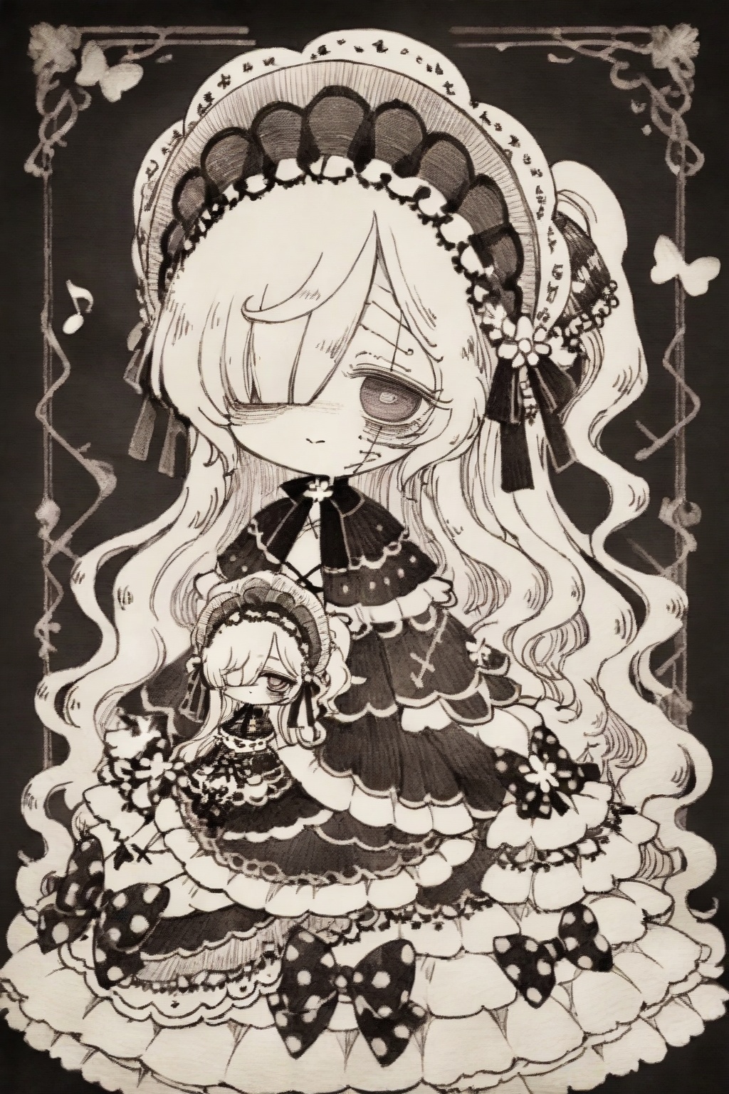 long hairlooking at viewersmilemultiple girlslong sleeveshair ornamentdressholdingbowclosed mouth2girlsmonochromebraidweaponhair bowfrillspuffy sleevesswordhair over one eyechibifrilled dresseyepatchpolka dotmusical noteone eye coveredlolita fashionbonnet<lora:mnsp Texture2D:1>,