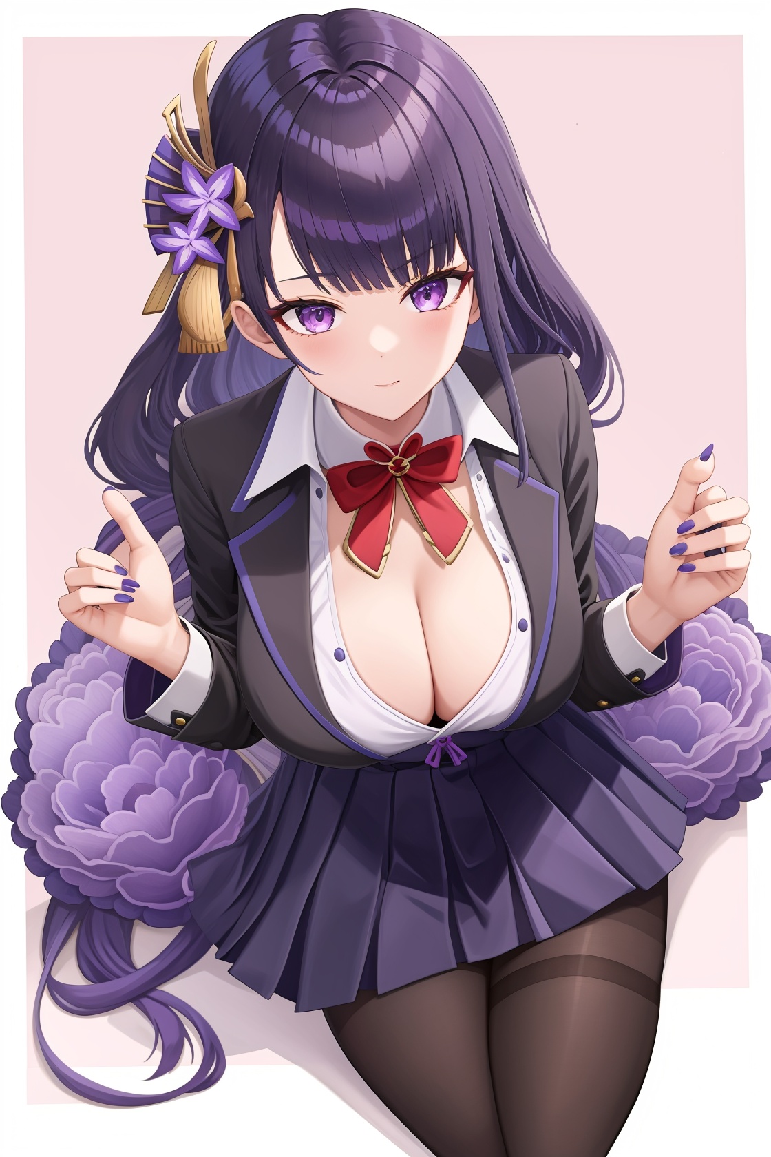 <lora:雷军v2-000009:1:lbw=char>,1girl,raiden shogun,cleavage,high quality,purple nails,<lora:origin_v2.0_locon_test4_detail:0.6>,black pantyhose,school uniform,, (masterpiece,best quality:1.2),absurdres, high quality,