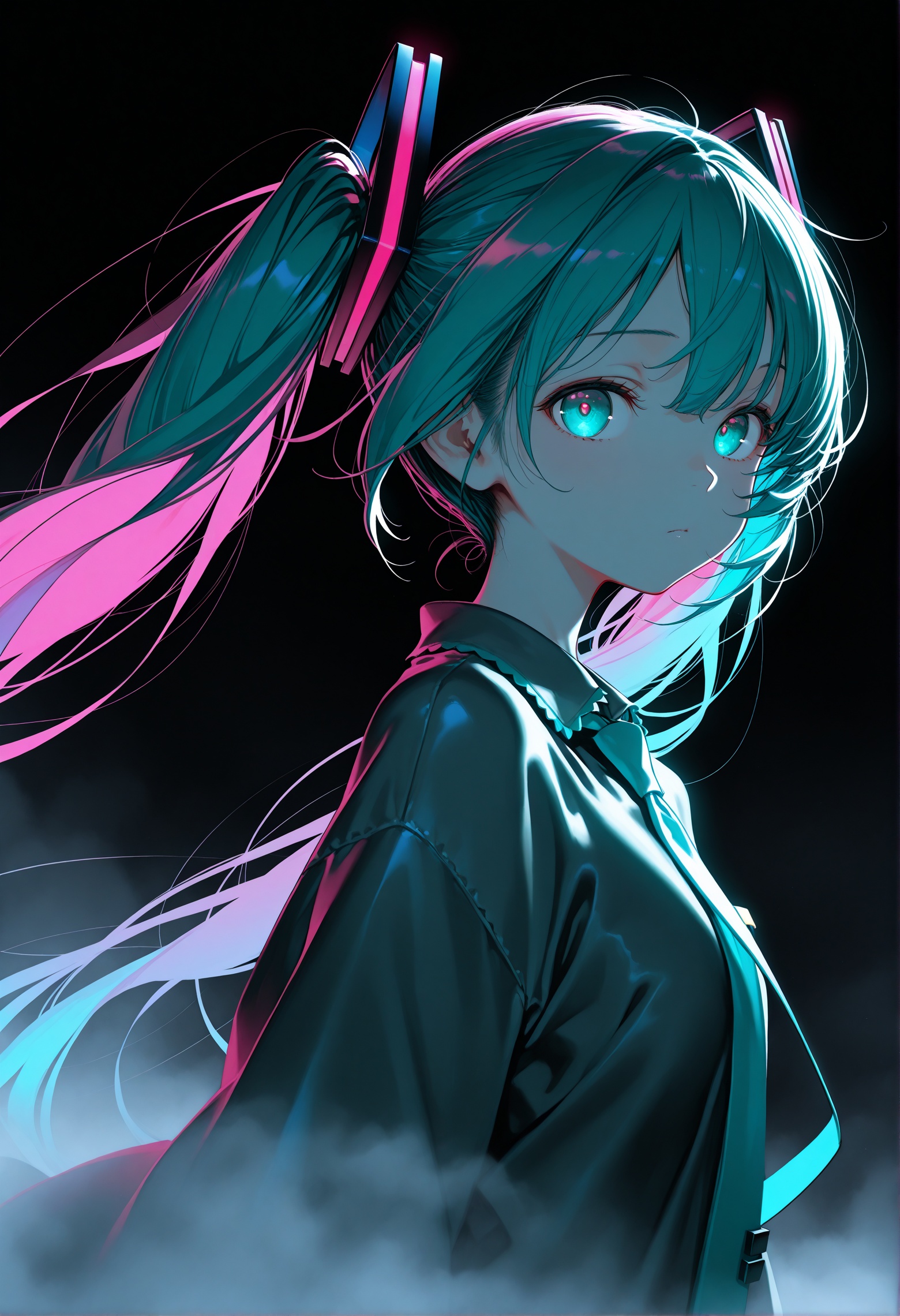 Hatsune Miku,limited palette,black background,colorful,vibrant,glowing outline,neon,blacklight,looking at viewer,fog,from_side,masterpiece,best quality,amazing quality,very aesthetic,absurdres,newest,impactful picture,offcial art,movie perspective,three quarter view,dutch angle,(choco (chocolate shop):0.5),(Yomu:0.5),(chiaroscuro:0.5),(WANKE:0.5),(yunsang:0.5),(ningen mame:0.5),(ke-ta:0.5),(yoneyama mai:0.5),