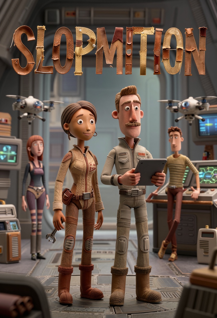 claymation,  the text "SLOPMOTION" centered prominently,  made of scraps of leather with thick on Tensor.Art