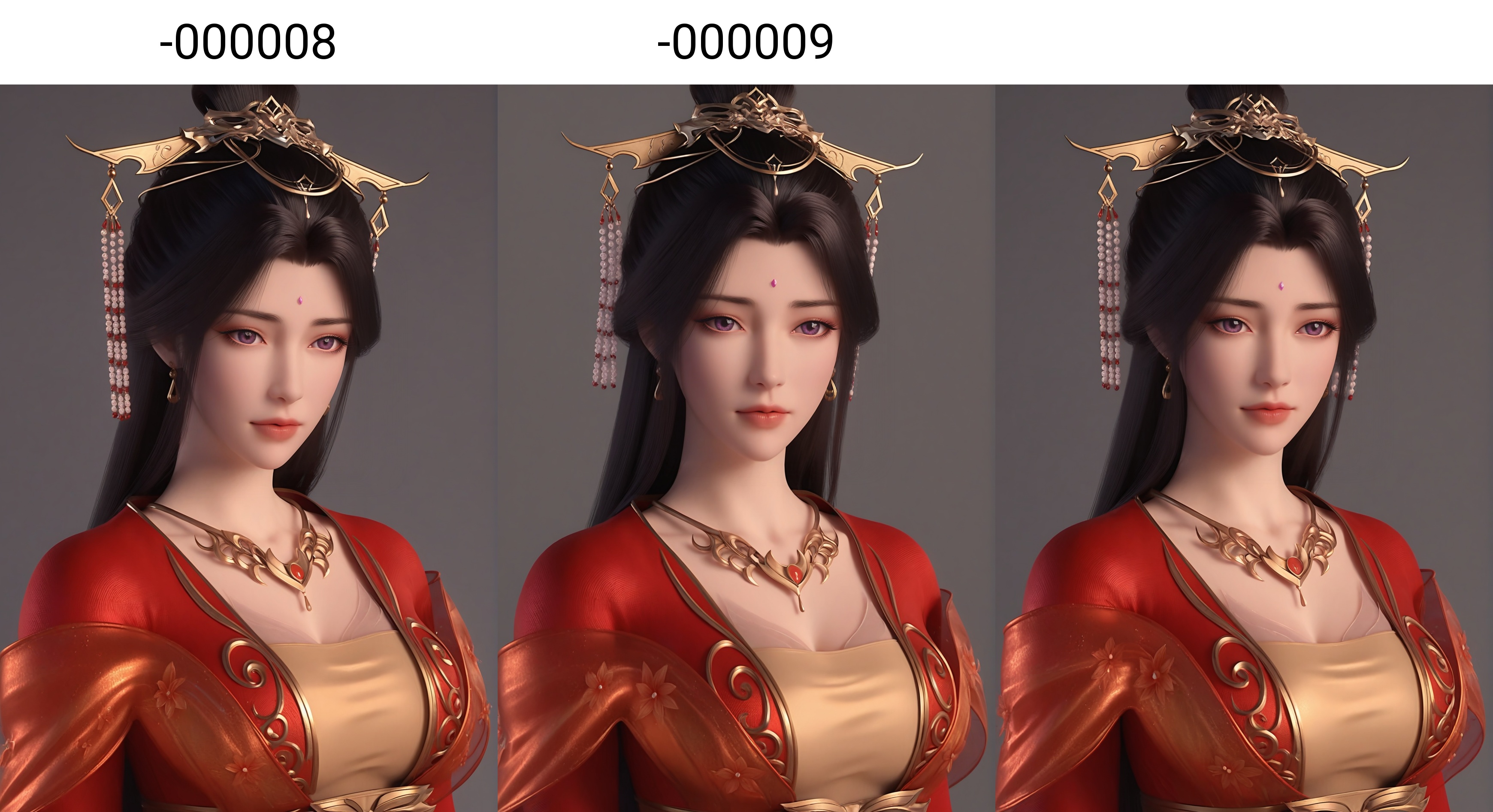 (score_9),portrait,(close-up),solo focus,(eye focus),<lora:红月婵-apony-000008:0.8>,yuechanm,1girl,solo,hair ornament,jewelry,long hair,forehead jewel,earrings,tiara,necklace,hair bun,black hair,purple eyes,red dress,shoulder ribbon,cleavage,(glamor),curvy,mature_female,collarbone,BREAK<lora:Expressive_H-000001:0.8>,light blush,Expressiveh,looking at viewer,front view,<lora:e肤色滑块:0.35>,fair_skin,((pale skin)),(white_skin),ultra-detailed skin texture,detailed textures,<lora:皮肤凹痕:1.2>,BREAK<lora:e色温:-0.35>,simple background,grey background,Tyndall effect,available light,depth of field,lens_flare,4K ultra HD,sharp focus,high detail,high contrast,