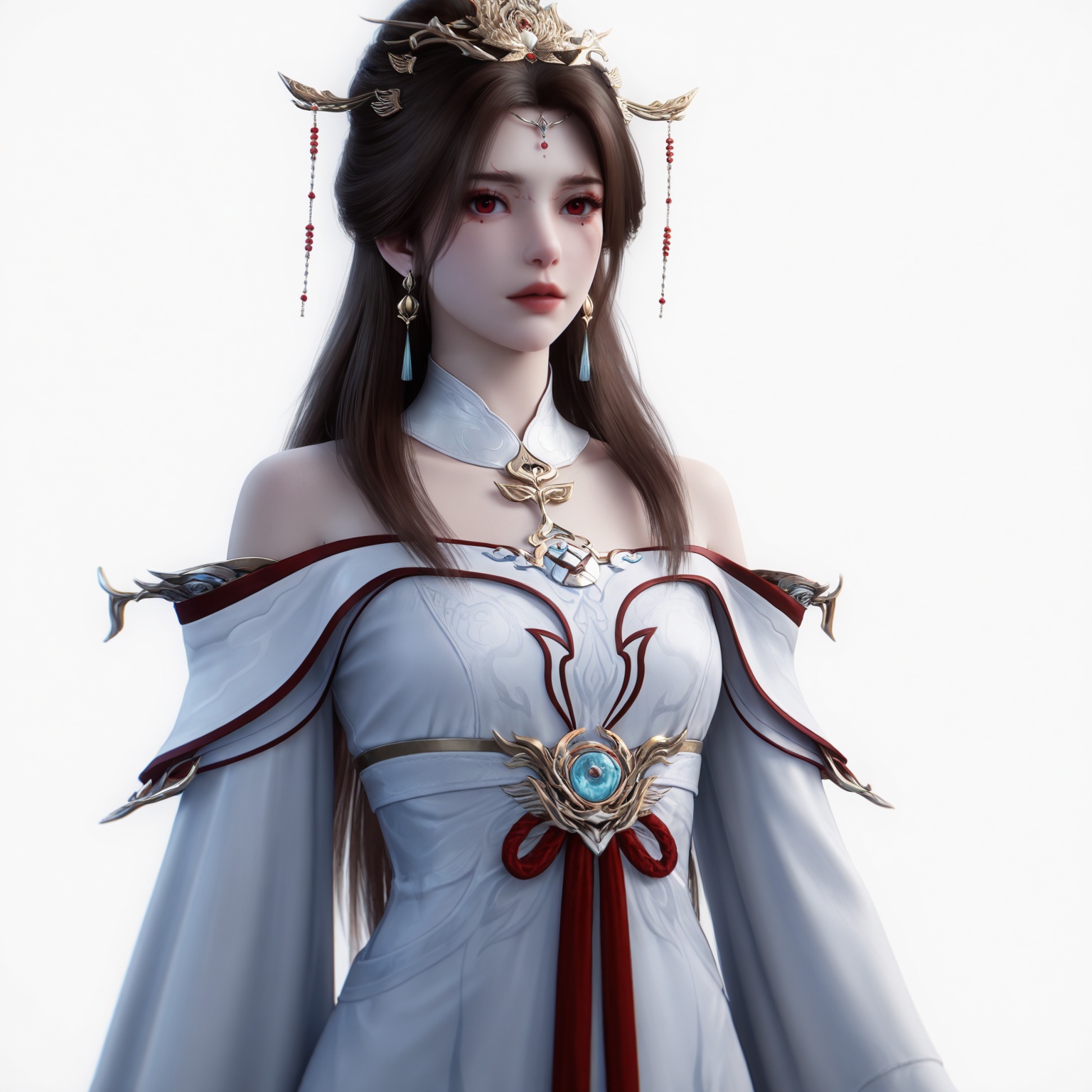 masterpiece,best quality,amazing quality,very aesthetic,high resolution,ultra-detailed,absurdres,(shiny_skin:0.6),(realistic:1.2),photorealistic,(fair_skin:1.2),pale_skin,looking_at_viewer,lvjing,<lora:姚惜雪-000015:0.6>,red eyes,1girl,dress,white dress,solo,hair ornament,jewelry,facial mark,forehead mark,bare shoulders,long hair,brown hair,earrings,realistic,detached collar,hair bun,long sleeves,upper_body,white_background,simple background,
