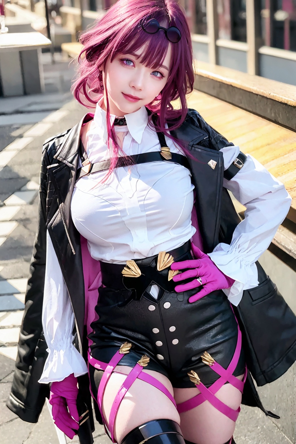 masterpiece, best quality, realistic, (photoshop \(medium\):1.4),<lora:kafka:1>,eyewear on head, kafka (honkai: star rail), 1girl, purple hair, breasts, solo, large breasts, purple eyes, eyewear on head, smile, looking at viewer, shirt, sunglasses, bangs, long sleeves, white shirt, gloves, white gloves, coat, long hair, pants, weapon, collared shirt, jacket, closed mouth, hand on hip