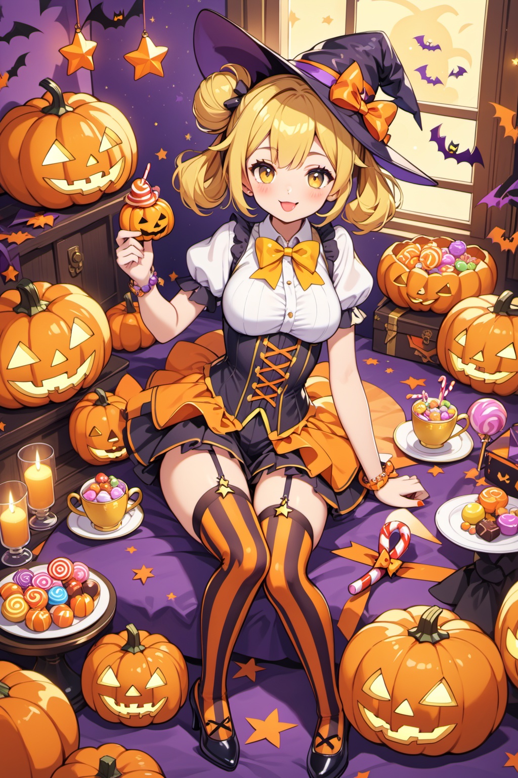 hat,witch hat,1girl,thighhighs,candy,food,blonde hair,high heels,striped,jack-o'-lantern,yellow eyes,double bun,bow,looking at viewer,bowtie,solo,stuffed toy,breasts,halloween,hair bun,stuffed animal,candy cane,striped thighhighs,teddy bear,pumpkin,shirt,puffy sleeves,star (symbol),white shirt,large breasts,lollipop,tongue,vertical stripes,tongue out,short hair,short sleeves,bangs,smile,skirt,:p,vertical-striped thighhighs,yellow bow,orange bow,lying,garter straps,puffy short sleeves,shoes,watch,bracelet,sitting,legs up,corset,hair between eyes,lips,shorts,glowing,cup,indoors,underbust,yellow bowtie,closed mouth,box,medium breasts,hair ornament,, masterpiece,best quality,very aesthetic,absurdres,