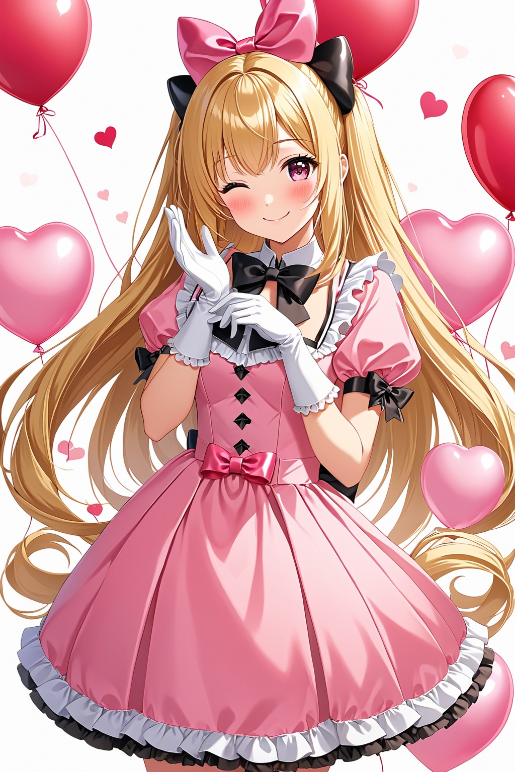 1girl, solo, long hair, looking at viewer, blush, smile, bangs, blonde hair, gloves, white background, dress, bow, holding, very long hair, closed mouth, short sleeves, hair bow, heart, one eye closed, puffy sleeves, white gloves, two side up, puffy short sleeves, hands up, black bow, pink bow, pink dress, ;\), balloon, holding balloon, heart balloon