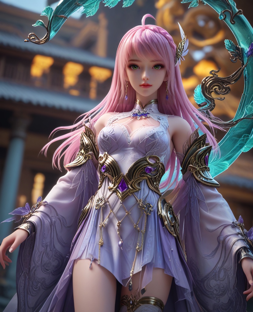 (oriental architecture, elegant decor, sophisticated style:1.1),(breakdance power move:1.1),(breasts:1.2),<lora:XL16克金玩家林紫玥转职:0.95>,miss linziyue,lavender tiered high-low dress,green eyes,pink hair,ahoge,long hair,half-up crown braid with long cascading hair,jewelry,earrings,rerebrace,sash,detached sleeves,white single thighhigh with embroidery,crystal halo,, score_9,score_8_up,score_7_up,score_6_up,score_5_up,score_4_up,3d rendering,tag1,tag2, Cinematic Lighting,backlighting,, zPDXL3, zPDXL2,zPDXL, zPDXLxxx, zPDXLrl,
