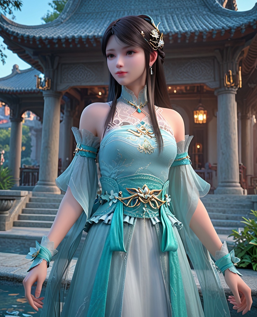 (oriental architecture, elegant decor, sophisticated style:1.1),(swimming:1.1),(breasts:1.2),<lora:XL斗破苍穹箫薰儿绿衣:0.95>,miss xuner,aqua dress,see-through fart curtain with white petticoat underneath,brown eyes,black hair,long hair,sash,hair ornament,detached see-through sleeves,earrings,jewelry,bare shoulders,wrist cuffs,, score_9,score_8_up,score_7_up,score_6_up,score_5_up,score_4_up,3d rendering,tag1,tag2, Cinematic Lighting,backlighting,