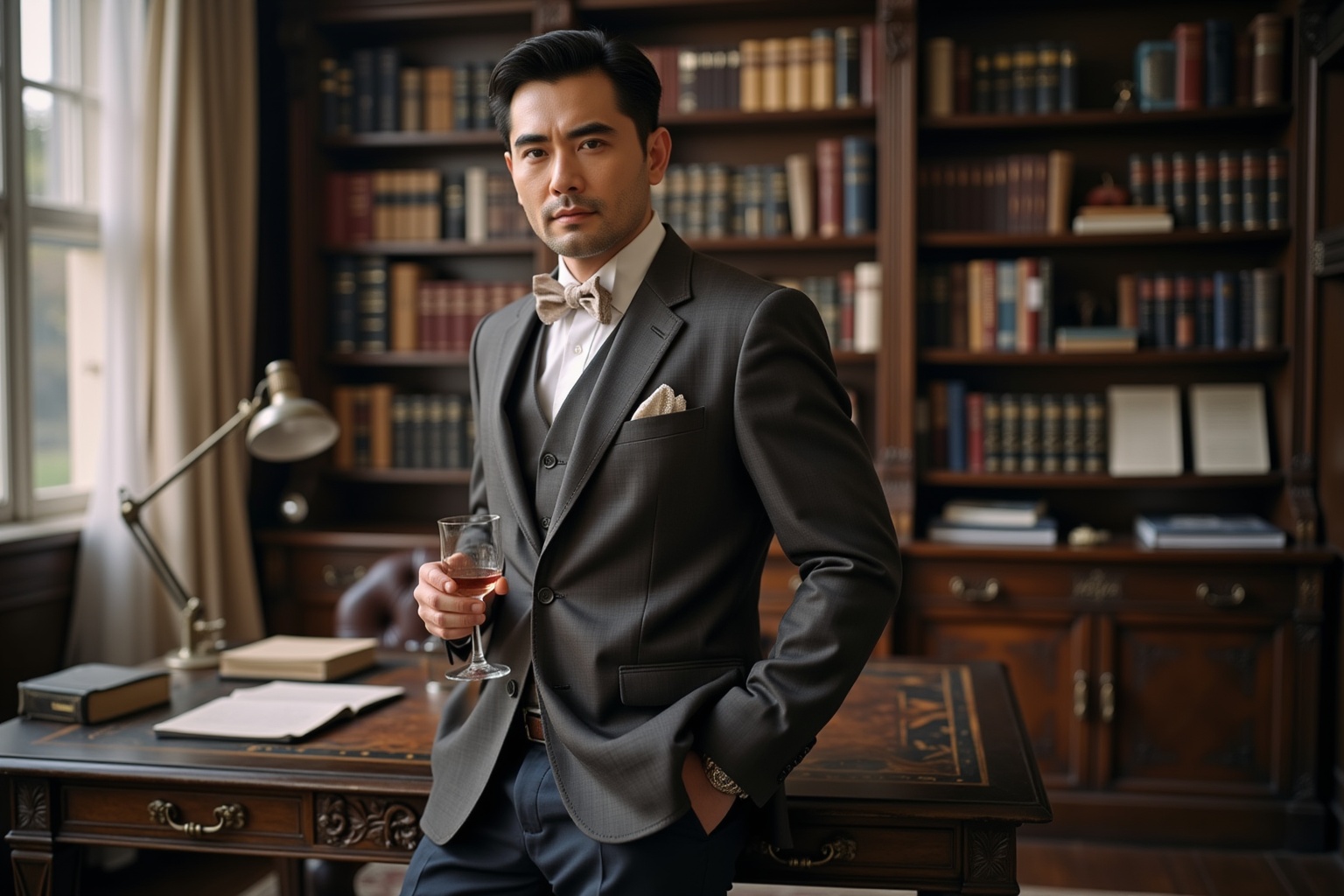 A man with sword - like eyebrows, his eyes are bright and penetrating, revealing a calm and composed expression. He has neatly - groomed jet - black hair and a faint stubble on his chin, adding a touch of masculinity. He is wearing a well - tailored, classic - colored suit, paired with a white shirt and a meticulously - tied bow - tie. His right hand casually slides into his suit pocket, while his left hand holds a glass of fine wine, the wine's color shimmering gently in the glass. He stands in the middle of an old - fashioned, high - ceilinged study. The walls are lined with antique bookshelves filled with leather - bound books. A large, ornate desk stands by the window, with a few scattered papers and an antique lamp on it. Soft, warm - toned light filters in through the semi - transparent curtains, casting a warm glow on the man, highlighting the texture of his suit and creating a sense of depth and mystery. The overall atmosphere is refined and elegant, with a hint of intellectual charm.<lora:Flux-ZWX-Ep9:0.7>, <lora:F.1-DETAILER_V1.0:0.5>