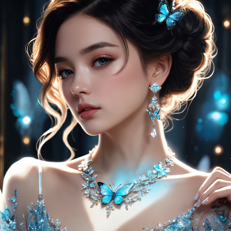 (masterpiece:1.2),(ultra detailed:1.2),(official art:1.3),(beauty and aesthetics:0.9),detailed,(intricate:0.7),(highly detailed),(solo),delicate countenance,1girl with a butterfly-inspired jewelry\(Gorgeous\),fancy,(glassy texture:1.2),(crush:1.2),8k,accessory,tattoo,(transparent:1.1),gown,energy encirclement,instant,in the twinkling of an eye